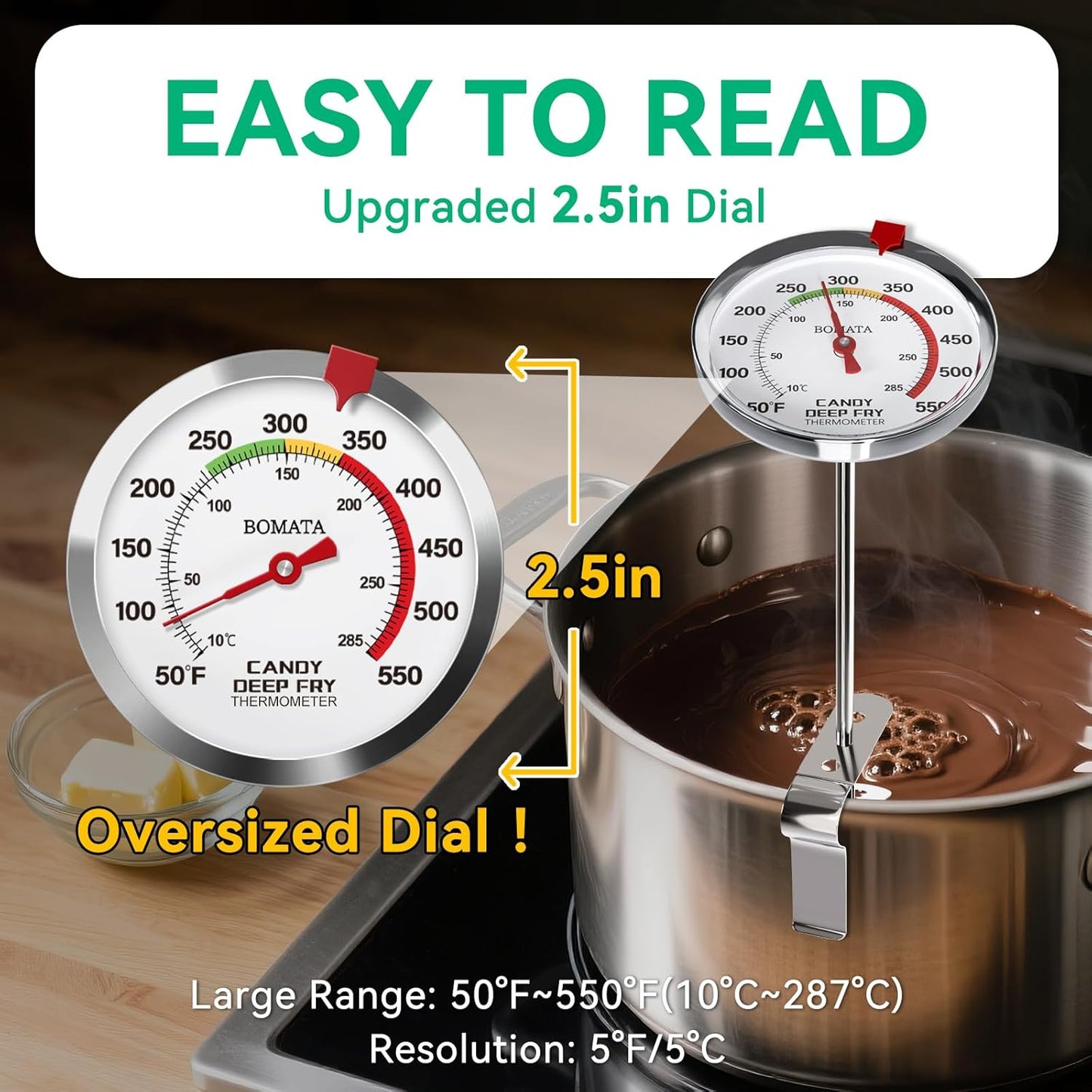 BOMATA 2-Pack Waterproof IP67 Candy Thermometers with Pot Clip, Deep Fry Oil Thermometer with Upgraded 2.5in Large Display for Cooking, Food, Turkey, BBQ, Grill... Mth400 Silver & Gray