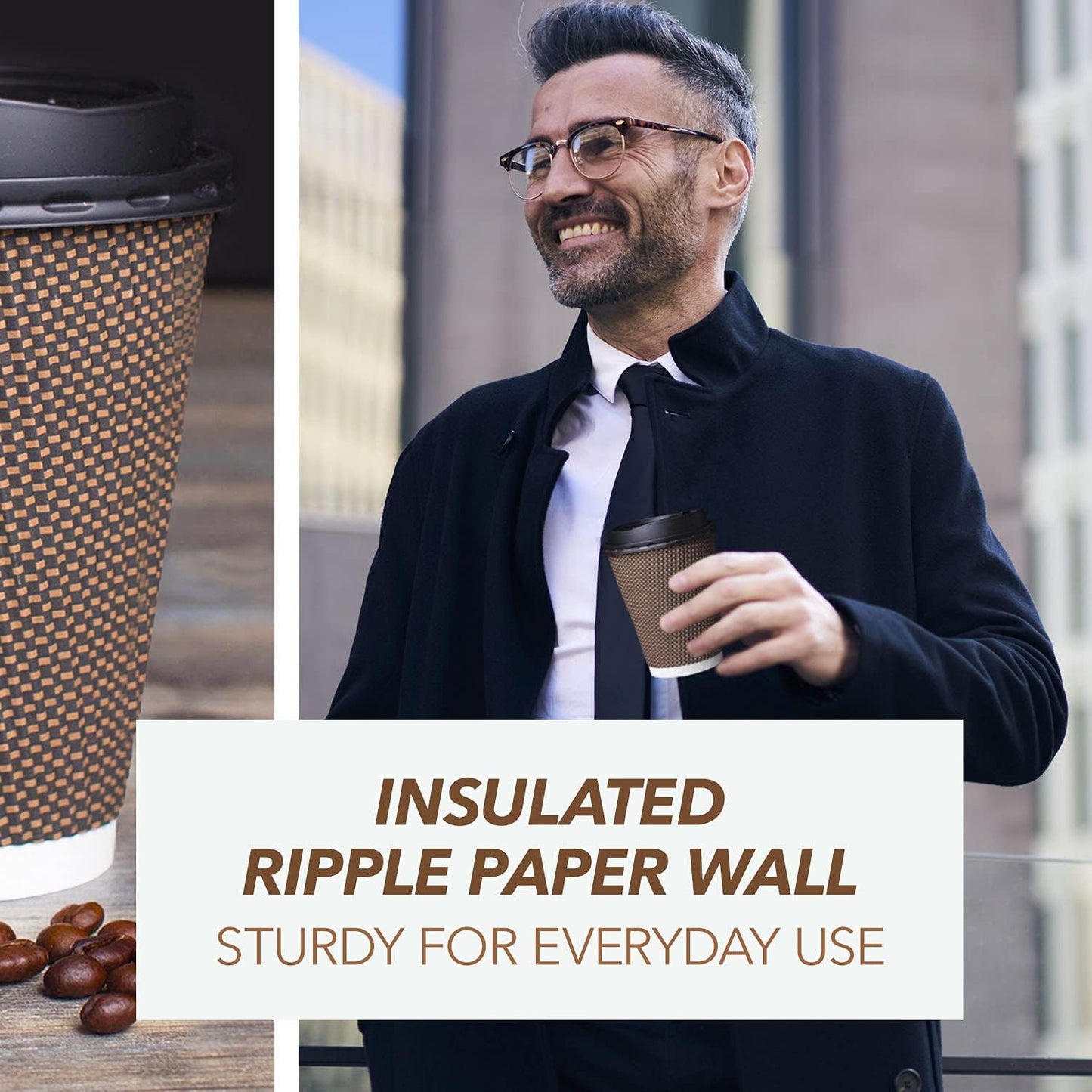 Promora Brown Disposable Coffee Cups With Lids 12 oz, Premium Insulated Paper Ripple Cups for Hot Coffee, Paper Cups 12 oz Coffee Cups 12 oz, Paper Coffee Cup with Lids (80 Pack)
