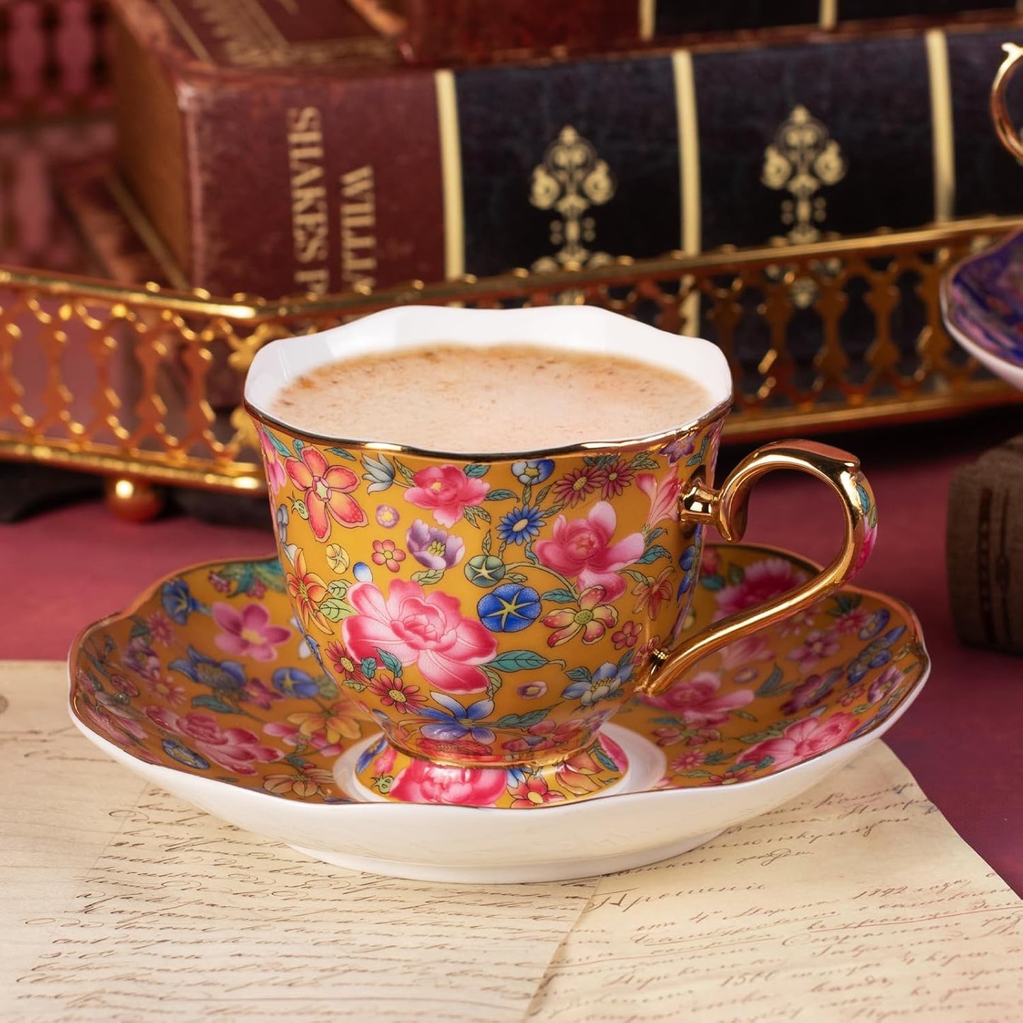 KAMMAK Tea Cups and Saucers Set of 2, Porcelain Coffee Cups with Saucer for Espresso, Cappuccino, 6.3oz Vintage Gold and Blue Ceramic Demitasse Mug for Home, Tea Party, Office