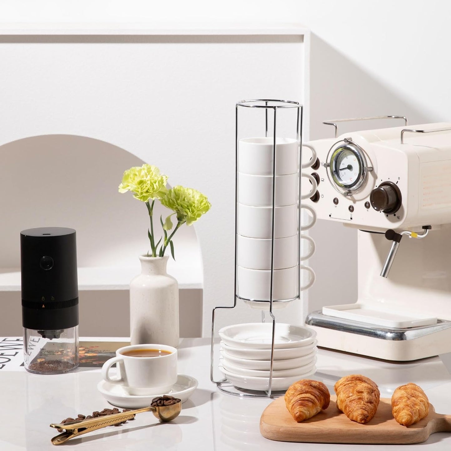 Sweejar Ceramic Espresso Cups Set of 6, Espresso Cup Stackable, 4 Oz Stackable Cappuccino Cups with Saucers and Metal Stand for Coffee Drinks, Americano, Latte, Tea (White)