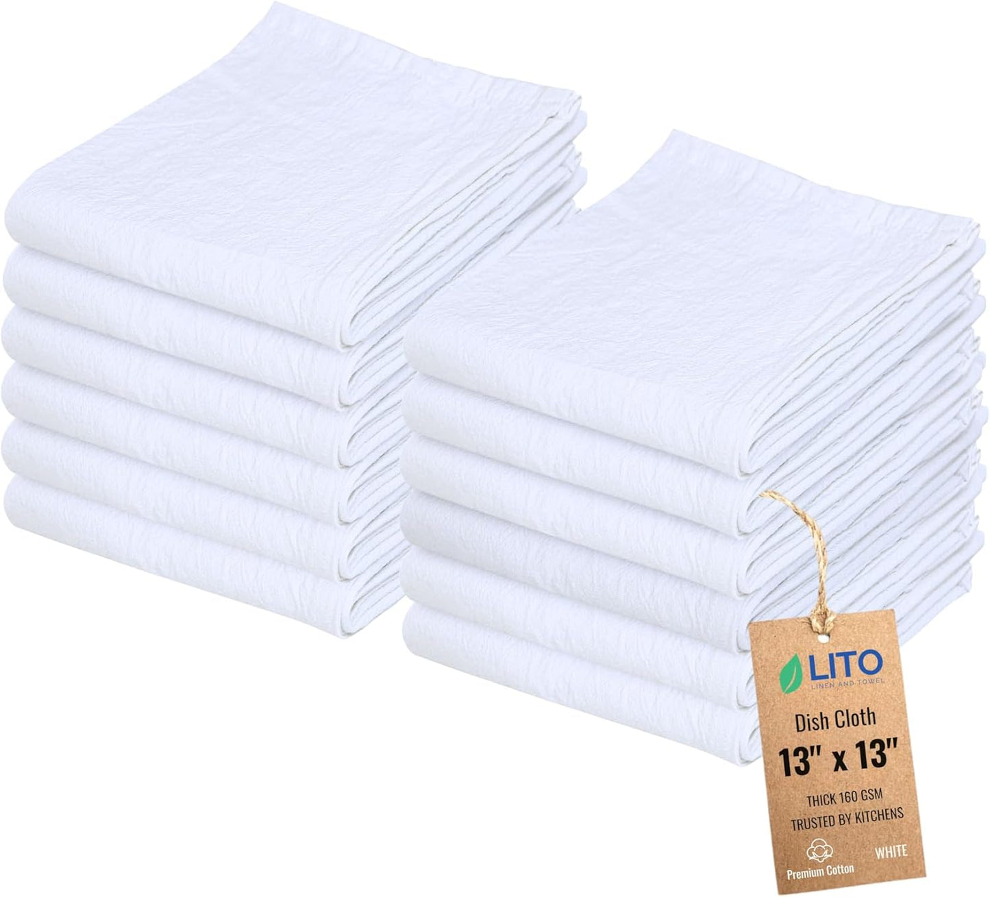 Dish Cloths Cotton| Kitchen Wash Cloth | Shop Towels Absorbent and Lint Free Flour Sack| Dishcloths for Kitchen Washing Dishes| Thick Absorbent Quick Dry Dish Rags | 12 Pack 13"x13" White