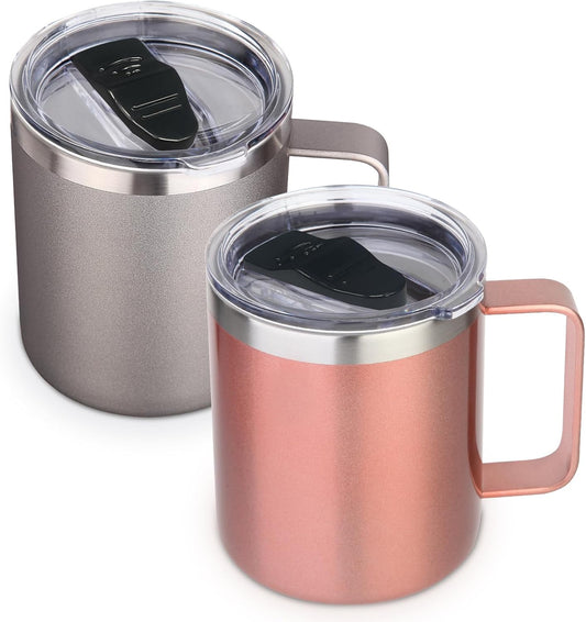 Volhoply 14oz Insulated Stainless Steel Coffee Mug with Lid Bulk 2 Pack,Double Wall Vacuum Travel Coffee Cup with Handle,Reusable Cups Tumbler,Camping Mugs Keep Hot&Cold,Ideal Gifts(MIX,2)