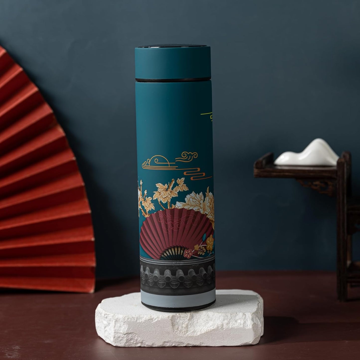 Insulated Coffee Tea Travel Thermos Mug Water Bottle with Removable Strainer and Temperature Featuring Elegant Asian Art Design - 16.9 fl oz (Teal)