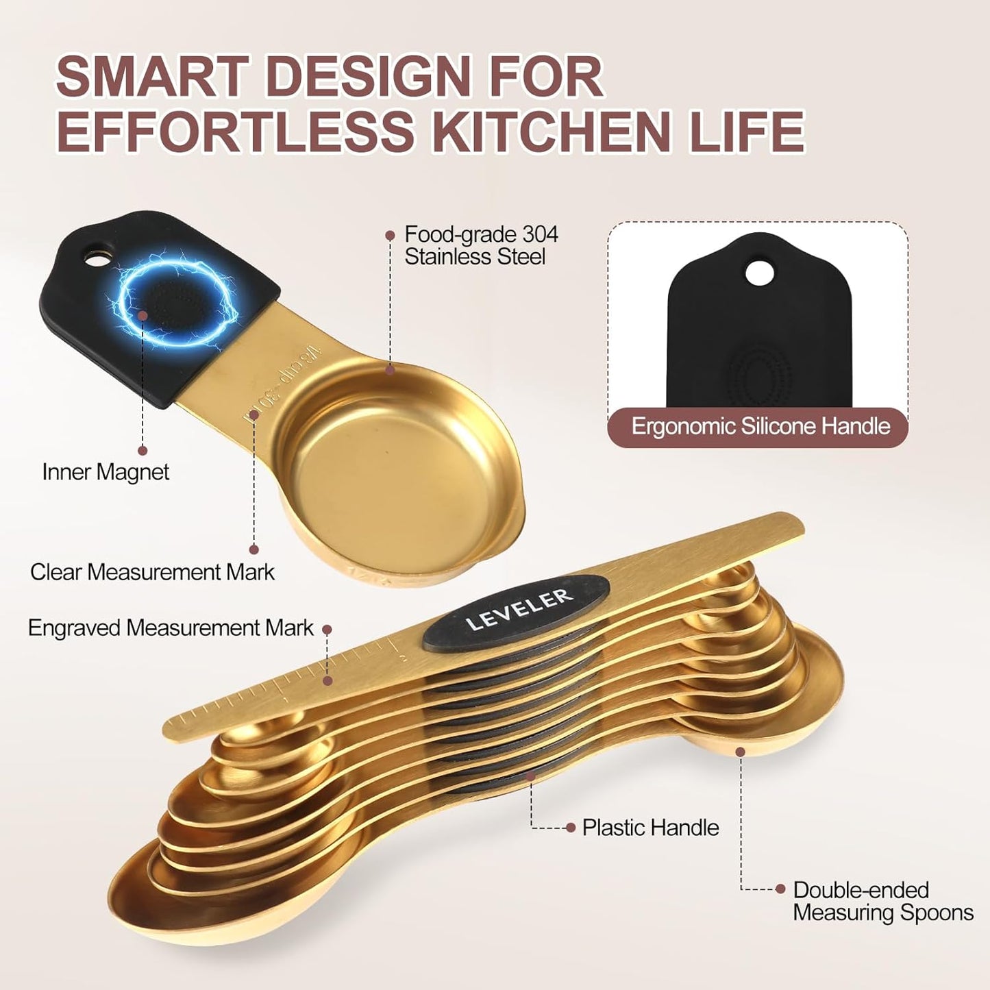 16-Piece Stainless Steel Measuring Cups and Spoons Set, Strong Magnetic Nesting Design 7 Cups 8 Spoons with Leveler, Double Measurement Markings for Dry & Liquid Ingredients, Gold