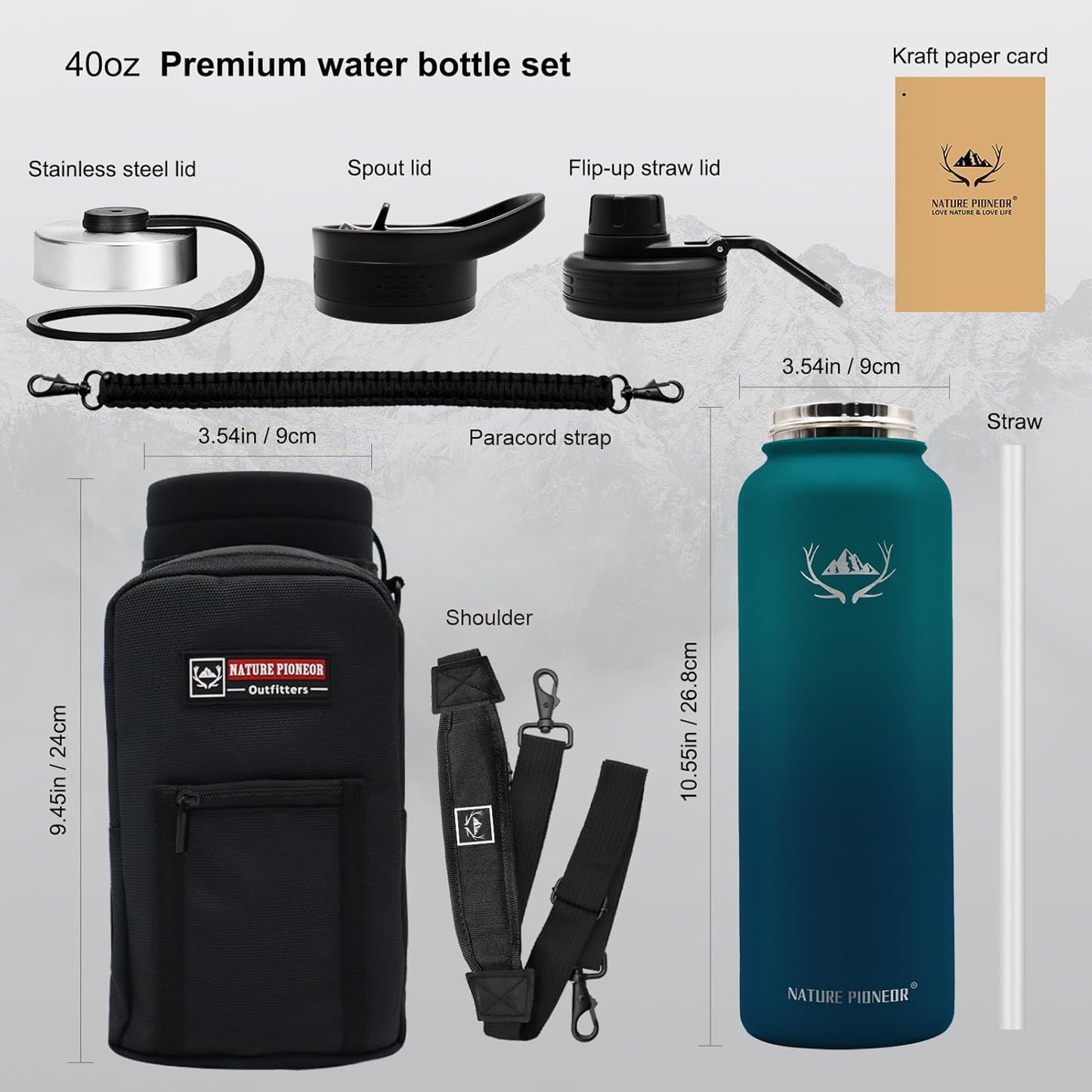 NATURE PIONEOR Insulated Water Bottles with Straw - 40oz Stainless Steel Vacuum Bottle with Holder/Carrier/Sleeve - Reusable 18/8 Food Grade 40 oz Water Jug