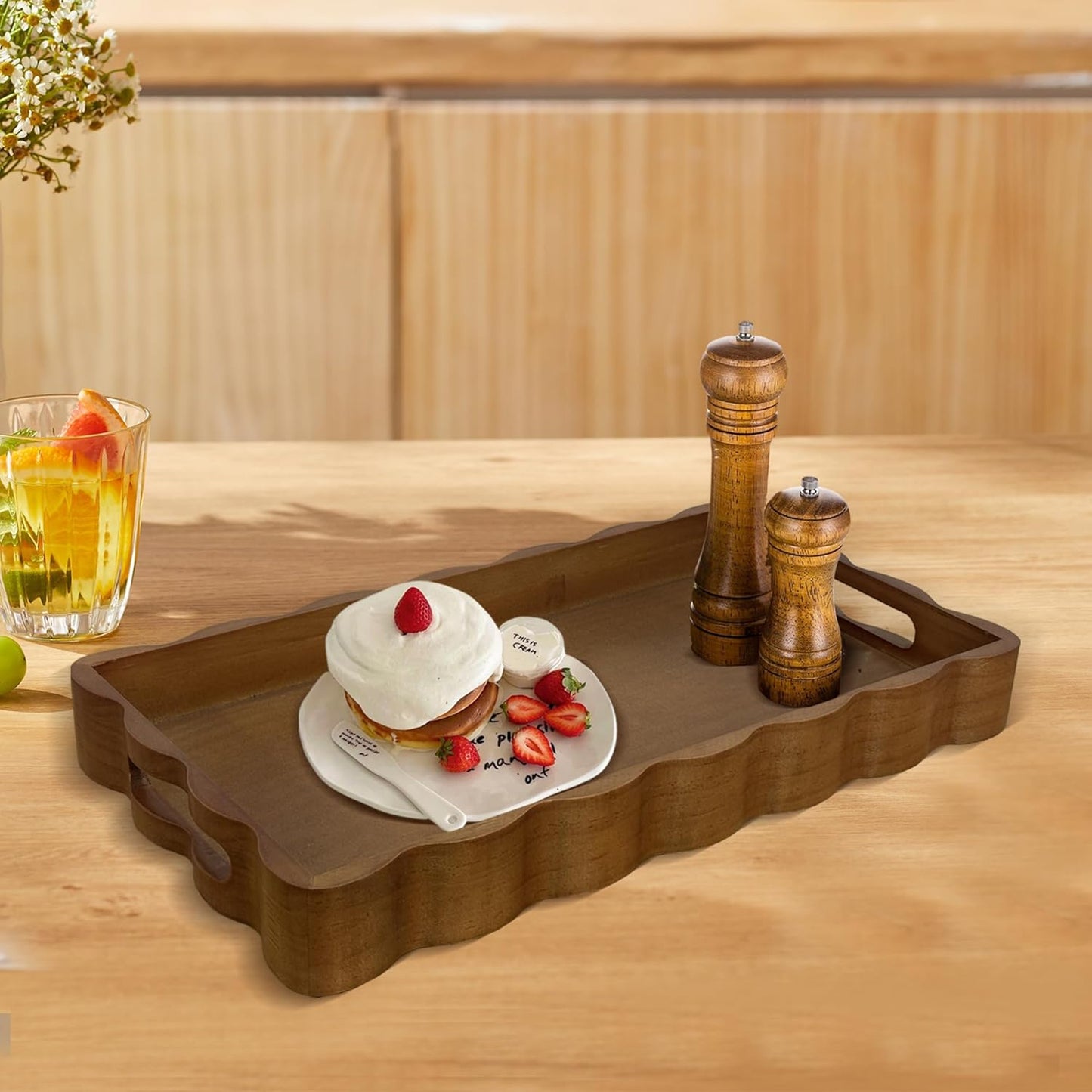 JUIOETURPine Wood Decorative Tray with Handle Rectangular Wooden Serving Tray for Breakfast in Bed,Coffee Table,Dining Table,or Kitchen - Perfect for Living Room,Bedroom,and Entryway Decor (Brown)