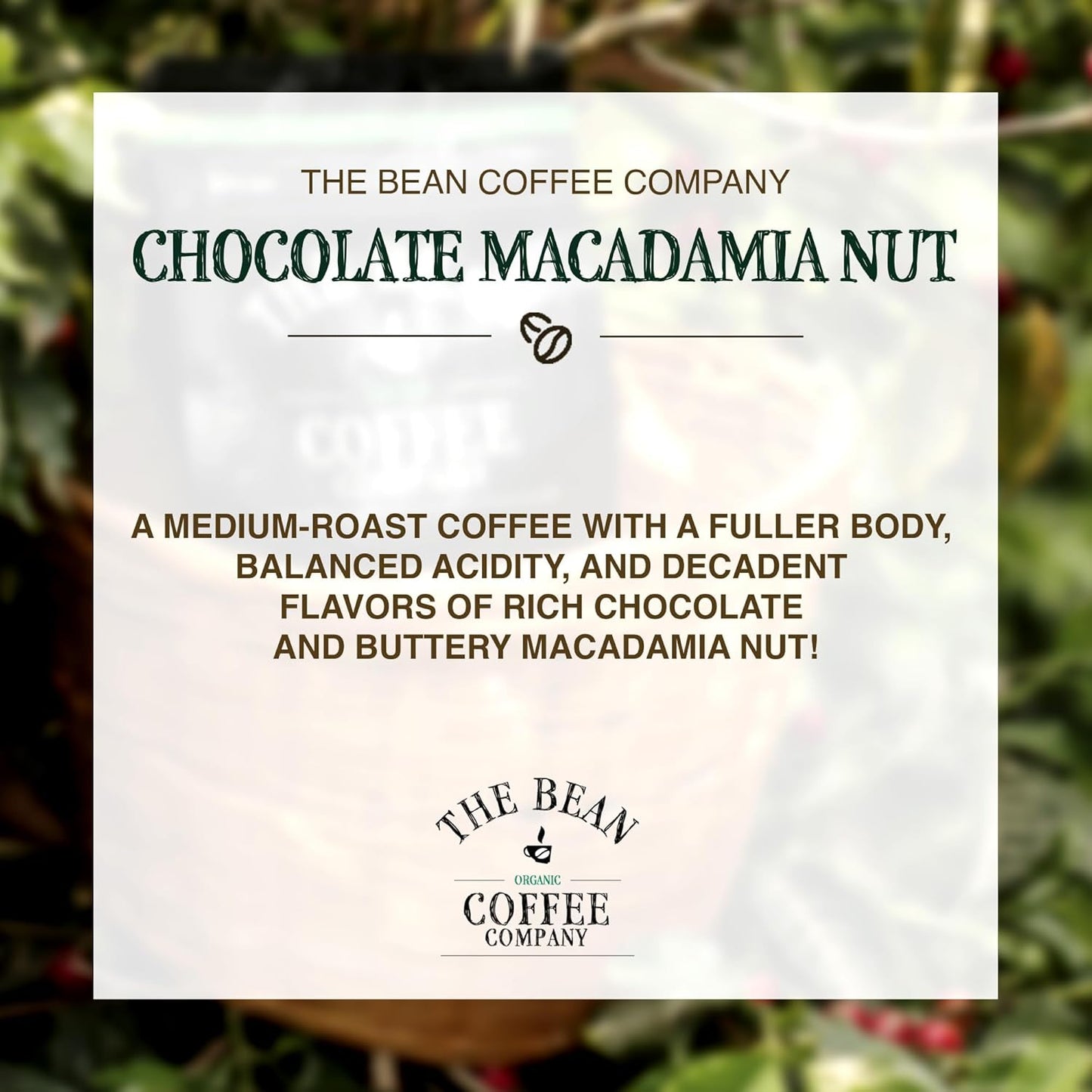 The Bean Organic Coffee Company Chocolate Macadamia Nut, Medium Roast, Whole Bean Coffee, 16-Ounce Bag