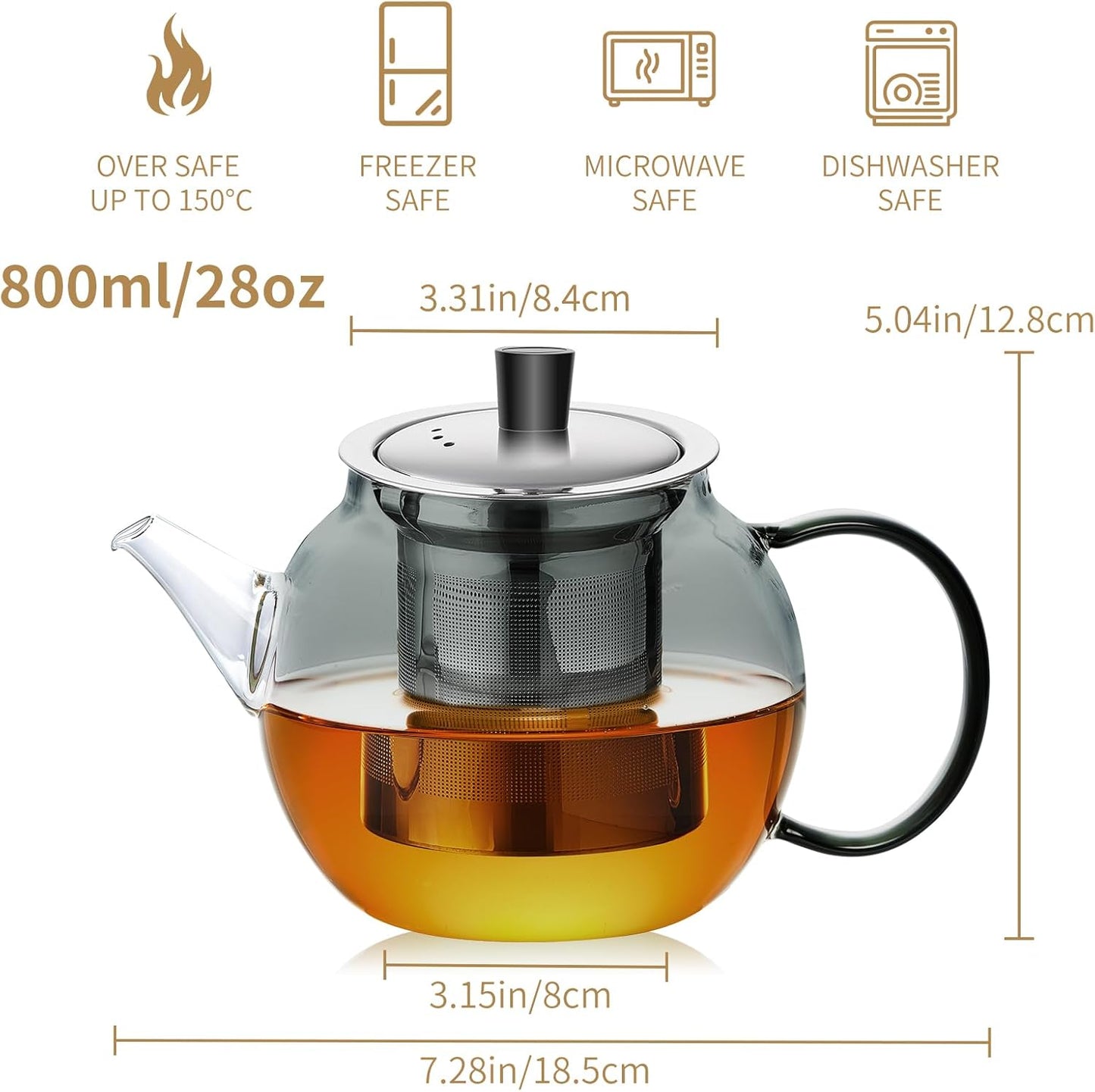 28OZ Glass Teapot with Infuser Stovetop Safe, 800ml Borosilicate Glass Kettle Tea Pot with Infusers tea infuser pot for loose leaf tea, tea Maker brewer, Dishwasher Safe, tetera para te(Dark Gery)