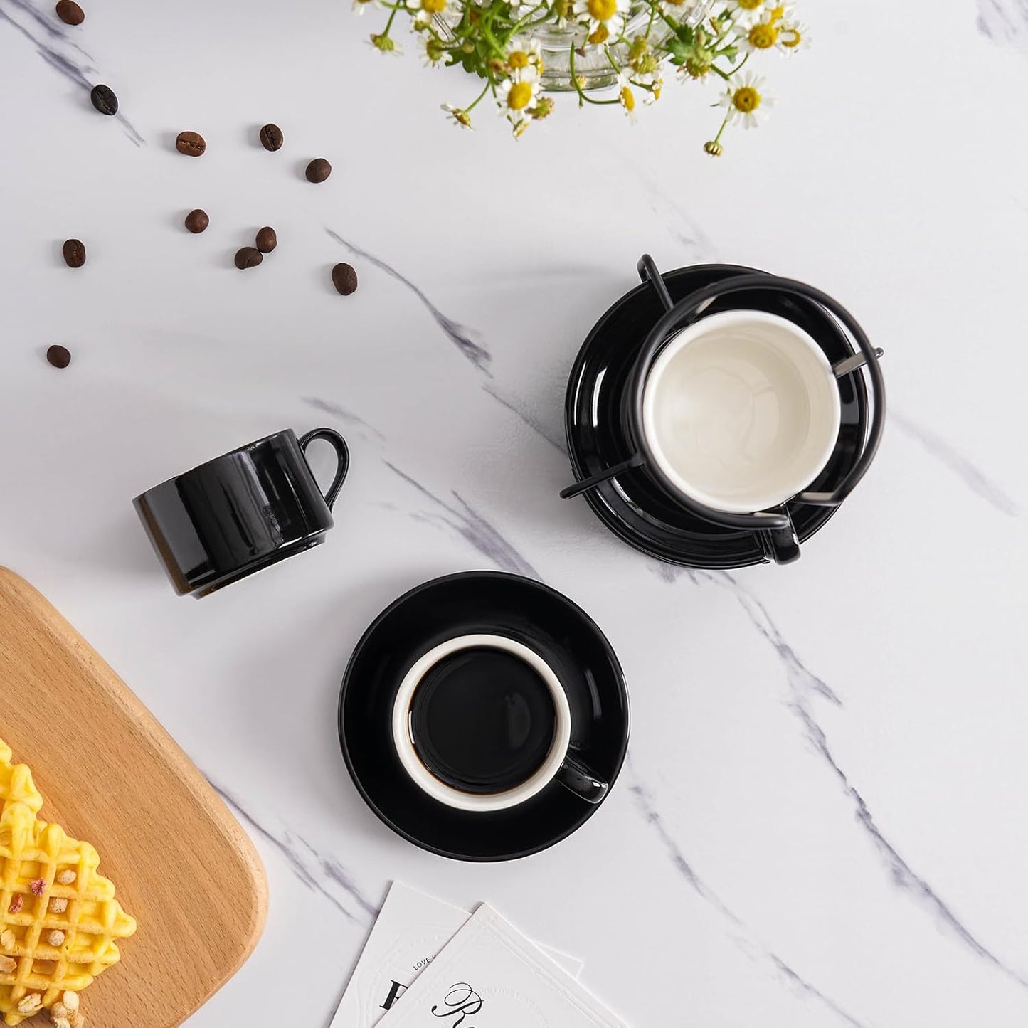 2.5oz Porcelain Stackable Espresso Cups with Saucers and Metal Stand Set of 4, Stackable Cappuccino Cups, Black Expresso Shots Cup Set for Coffee Drinks, Latte, Tea