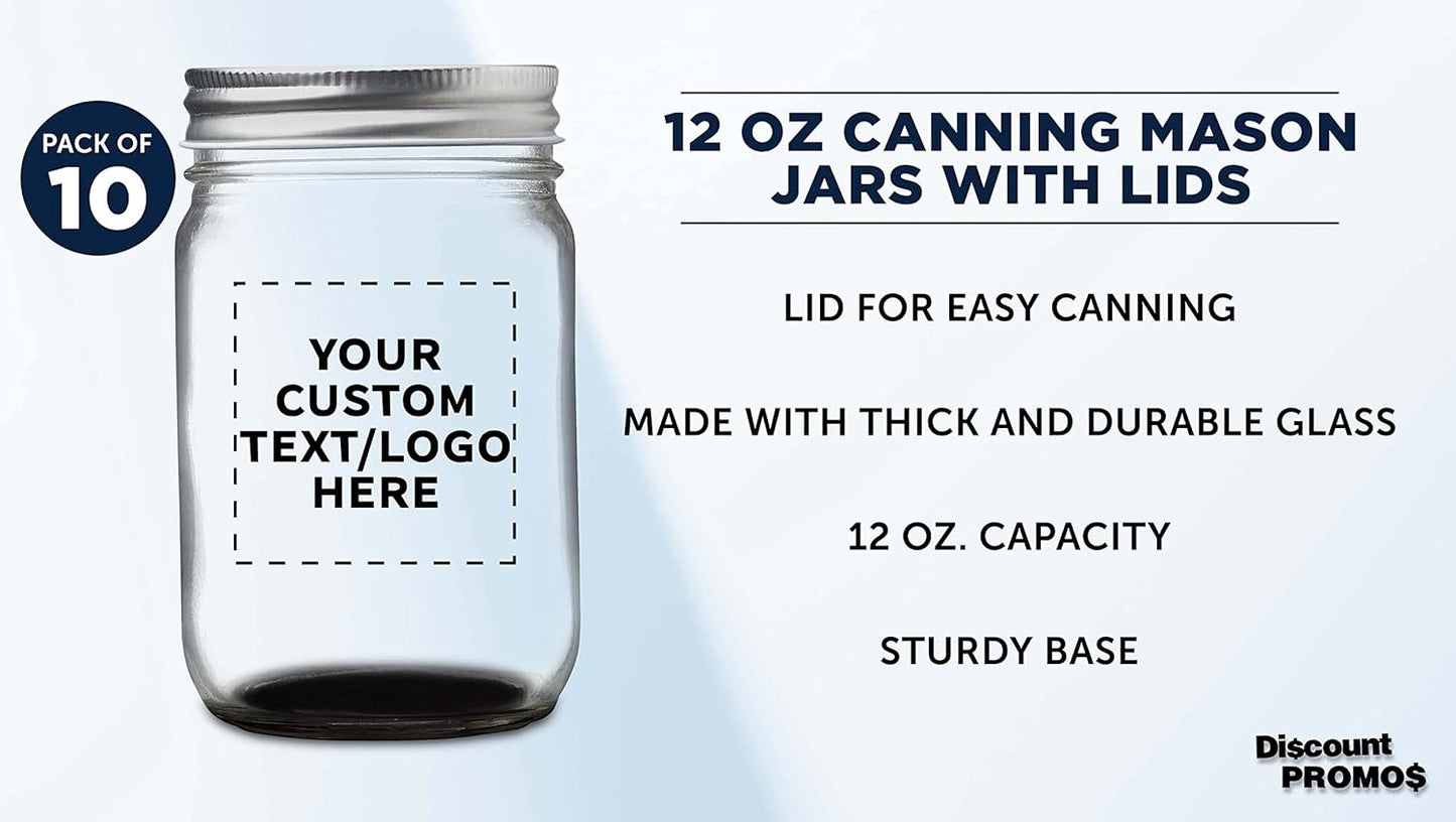 DISCOUNT PROMOS 10 Decorating Mason Jars Set, 12 oz. - Customizable Text, Logo - Canning, Aluminum Lid - Black