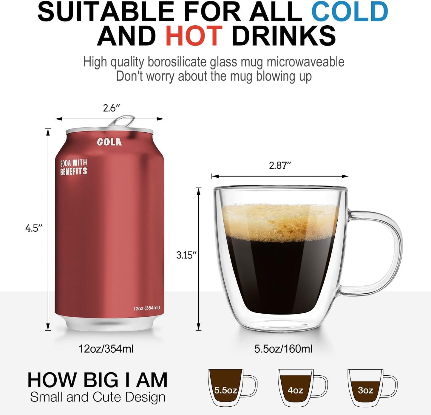 Espresso Cups Set of 4, Double Wall Hand Blown 5.5OZ Espresso Shots Glass, Coffee Mugs with Handle Perfect for Cappuccino, Latte, Tea