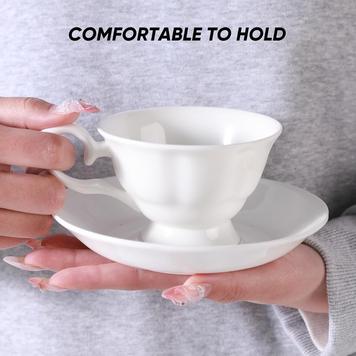 Fine Bone China Coffee Cups with Saucers, Set of 2 Vintage British Royal Style Ceramic Tea Cups, 4 Oz Small Tea Cup and Saucer Set for Afternoon Tea or Gift