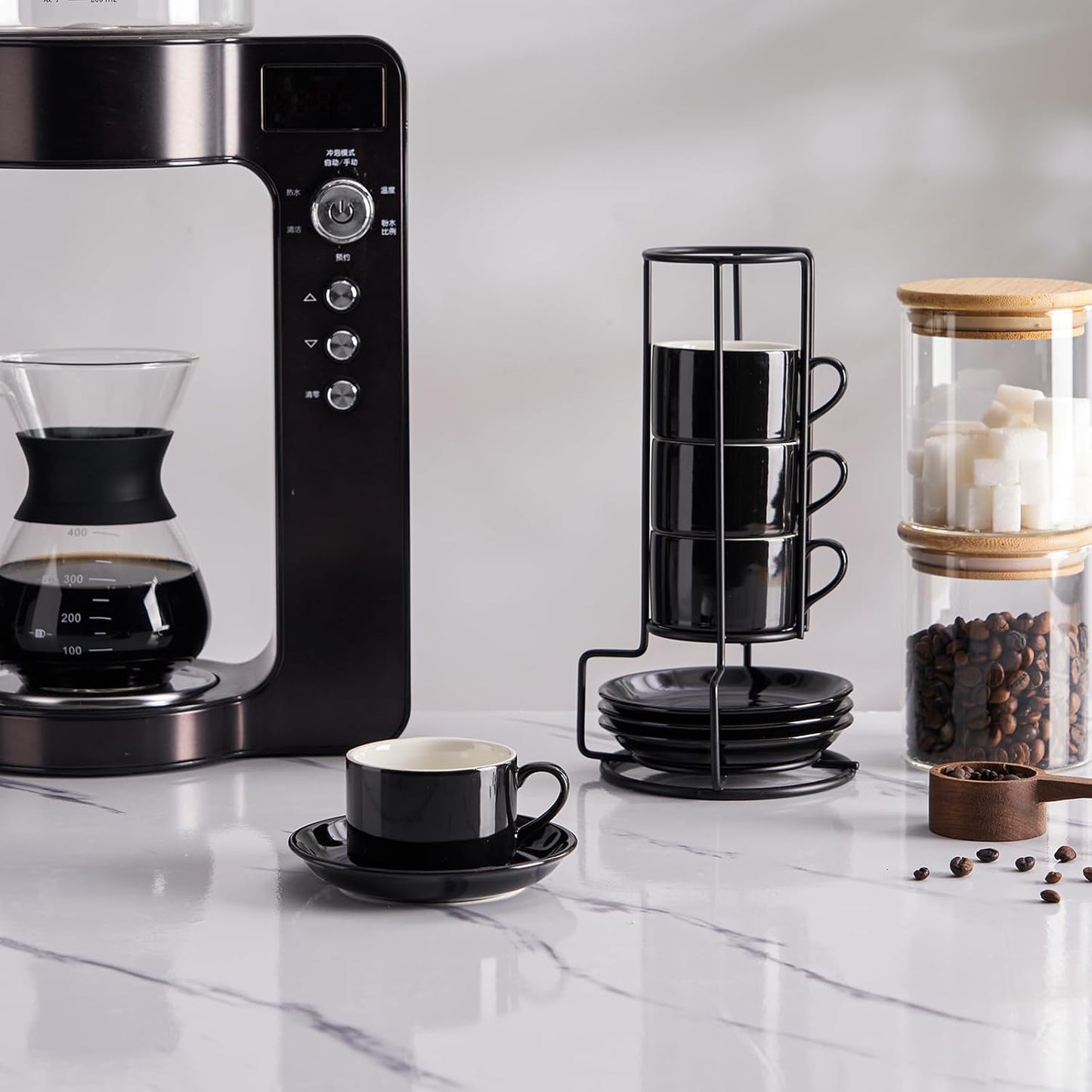 8oz Porcelain Stackable Cappuccino Cups with Saucers and Metal Stand Set of 4, Coffee Cups for Espresso, Specialty Coffee Drinks, Latte, Americano and Tea - Black