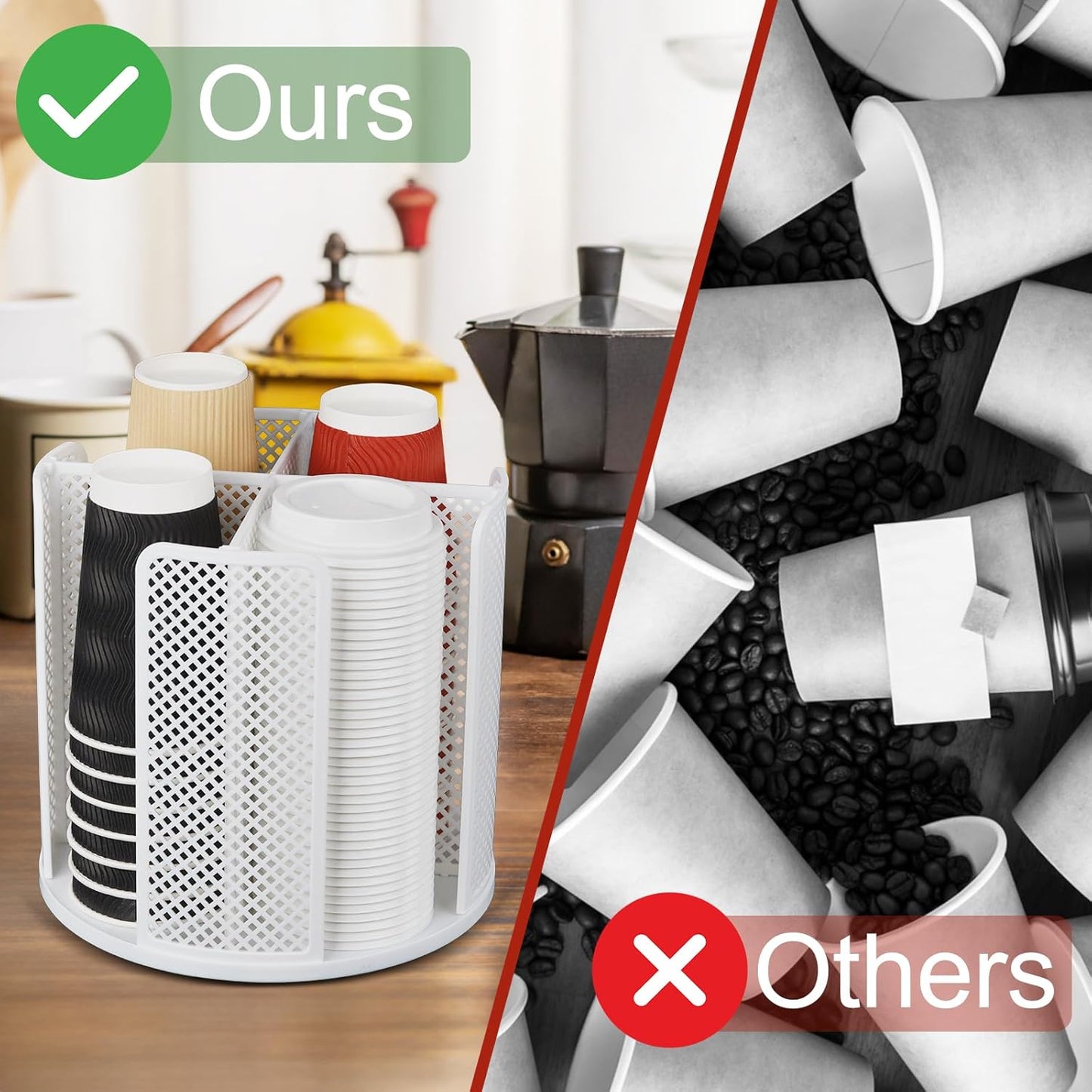 Rotating Cup Dispenser, Coffee Cup Holder with 4 Compartments, Disposable Paper Cup Organizer Fits 5 to 16 oz Cups for Kitchen Cabinets, Detachable Plastic Cup Stand & Lid Holder, White