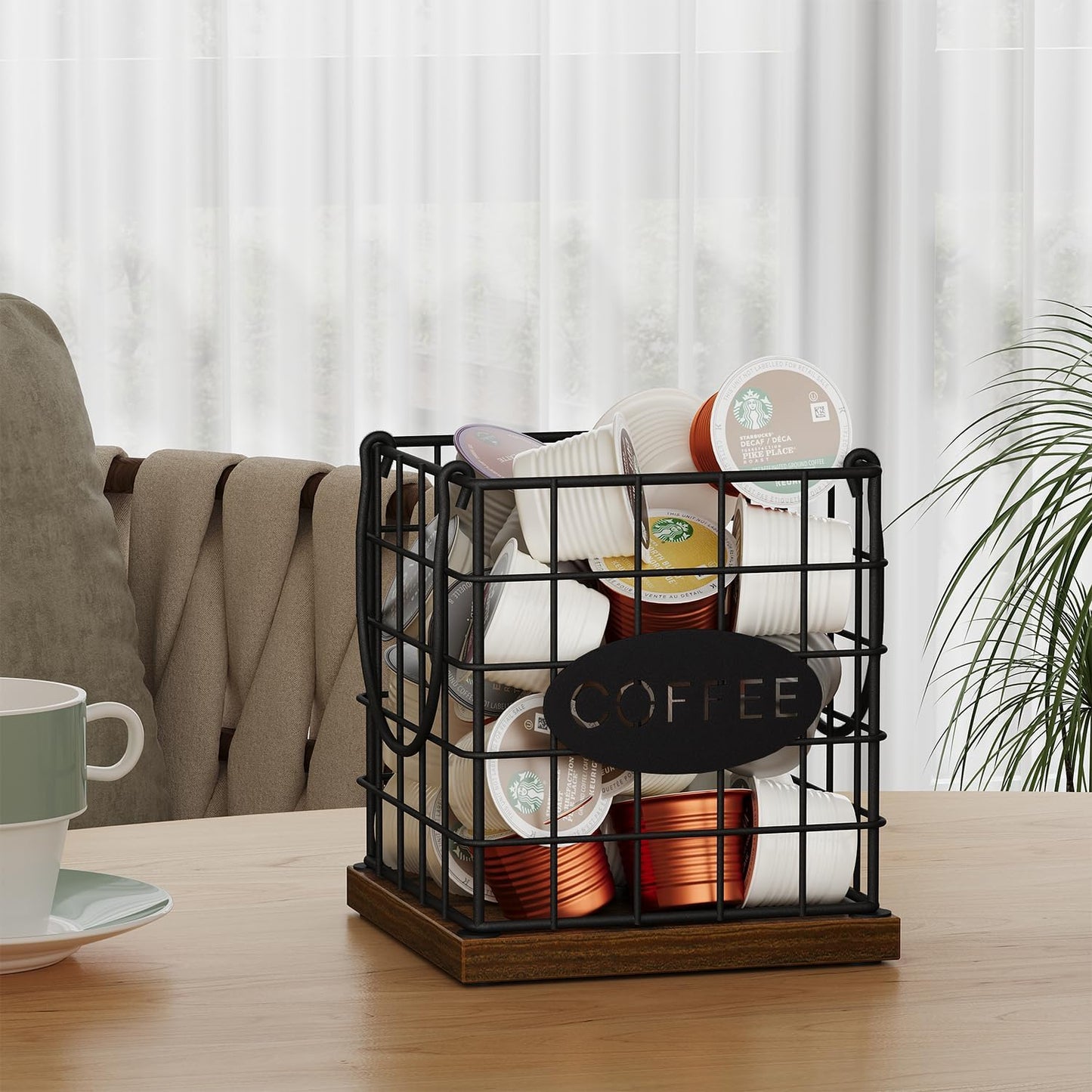 YINMIT K Cup Holder Organizer, Rustic Coffee Pod Holder Organizer, 35 Kcup Holder for Counter with Handle，Large Capacity Black Wire Coffee Capsule Basket for Kitchen Office Desktop (Square Grid)