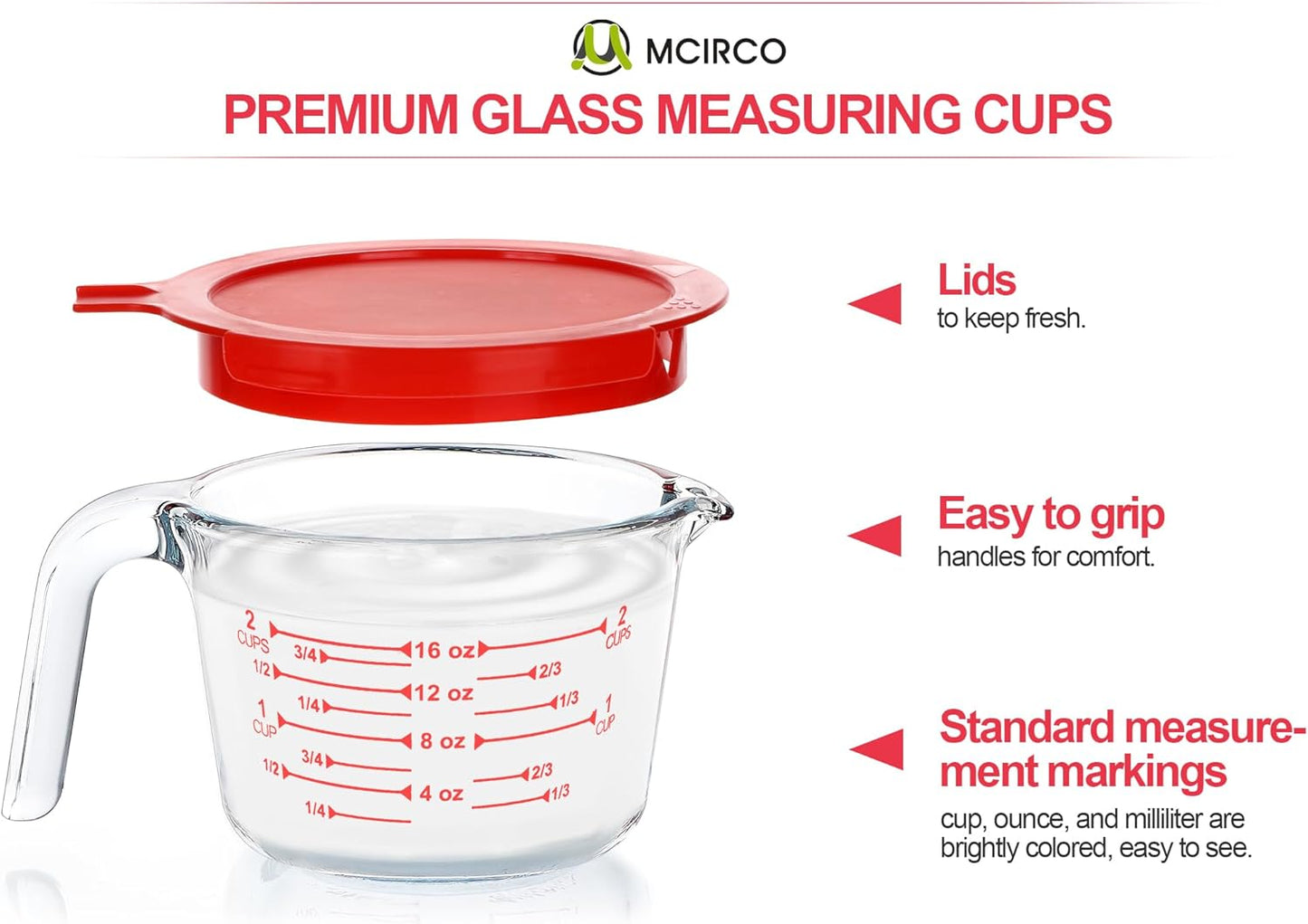 M MCIRCO 6 Pcs Glass Measuring Cups with Lids Set, 1-Cup, 2-Cup, 4-Cup Measuring Jugs with Handle, Nesting Liquid Measuring Cups for Kitchen