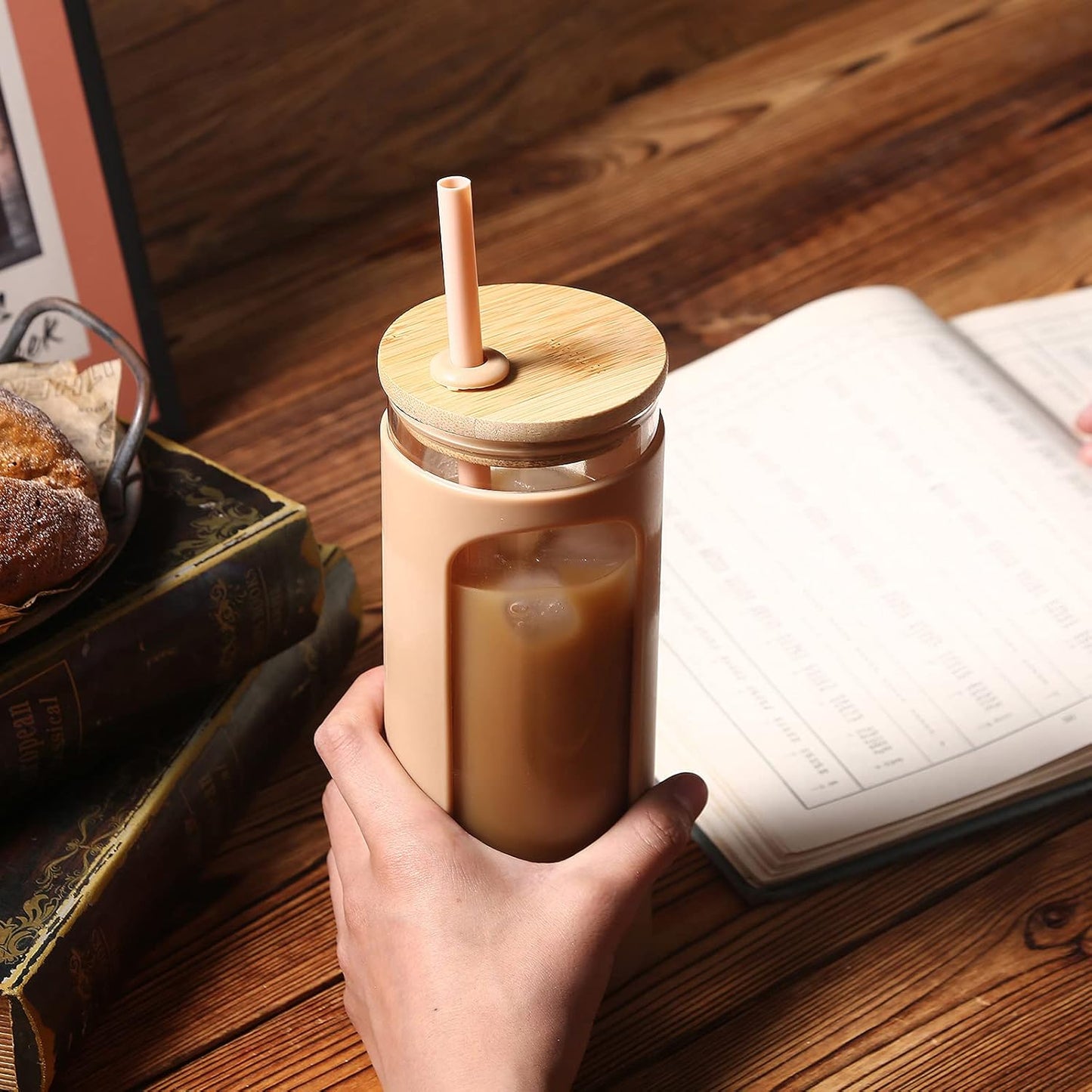 Kodrine 20oz Glass Water Tumbler with Straw and Lid, Bamboo Lids Water Bottle, Iced Coffee Cup Reusable, Wide Mouth Smoothie Cups with Protective Silicone Sleeve BPA FREE-Grey