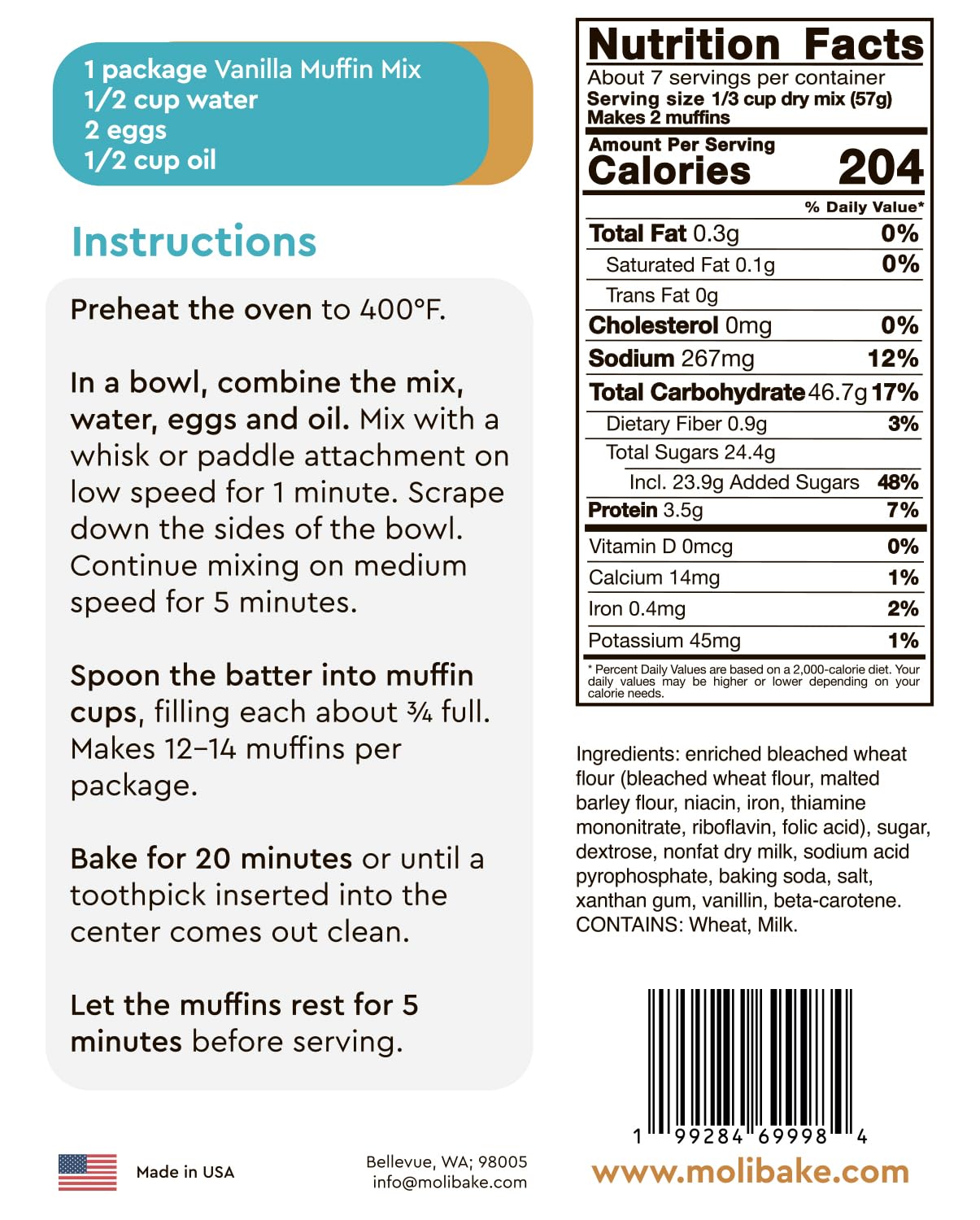 Molibake Vanilla Muffin Mix - Pack of 1 – Premium Vanilla Muffin Baking Mix for Home Oven and Muffins Maker – 14 oz – All-Natural Easy-to-Use Mix for Fluffy, Bakery-Style Homemade Muffins