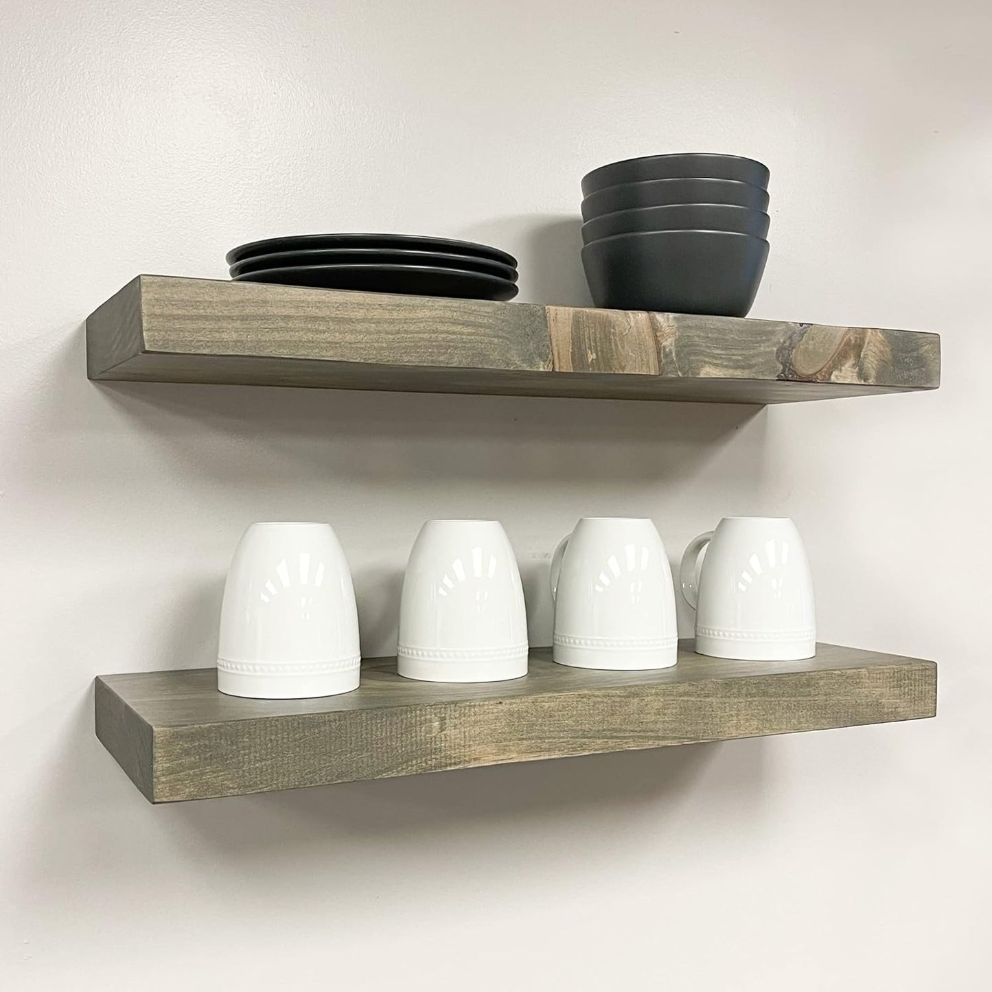 URBANDI, Rustic Floating Shelves, Set of 2, Hidden Bracket, Solid Wood, Heavy Duty, Wall Mounted Shelves, (Grey, 12Wx8D)