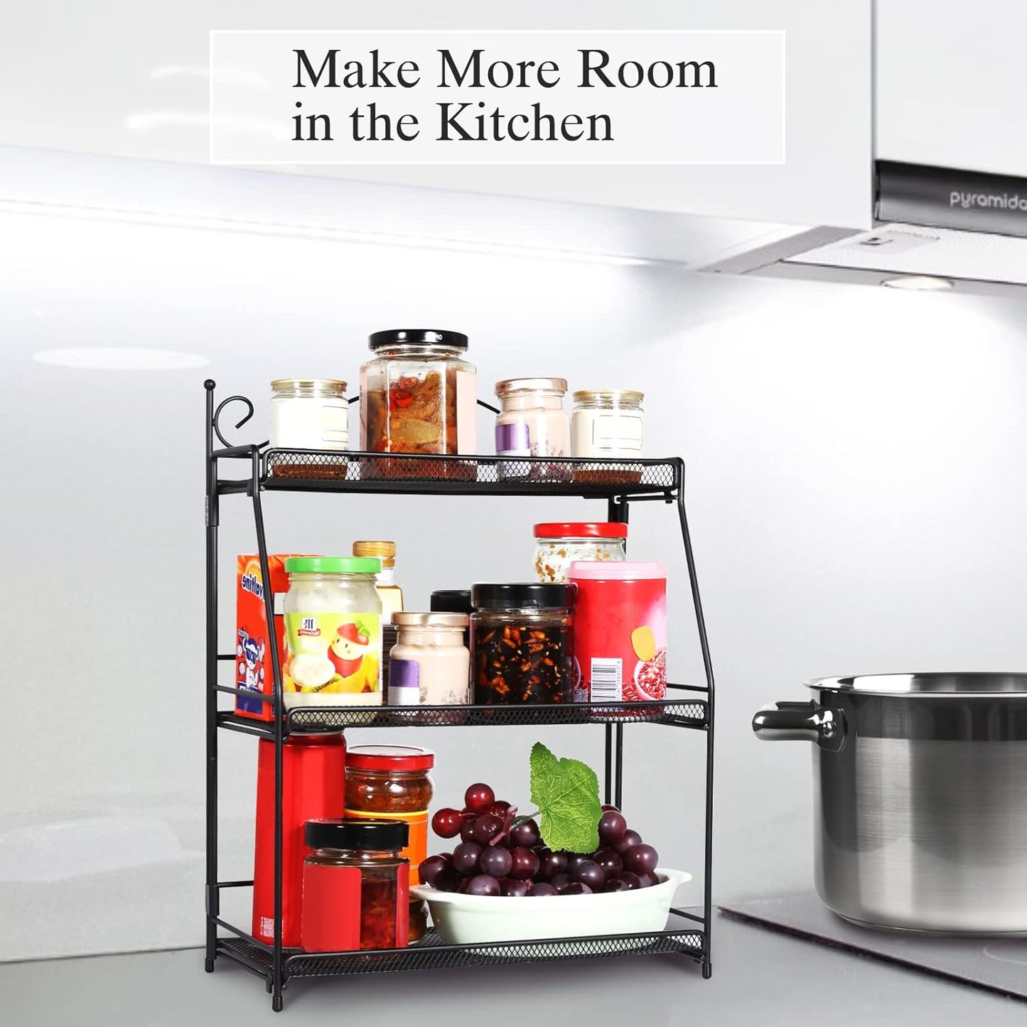 Uten Standing Spice Rack 3 Tier Metal Foldable and Durable Kitchen Rack for Countertop Kitchen Bathroom, Shelf Organizer, Standing Stainless Steel Tiered Shelf