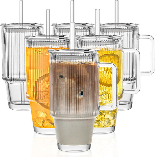 KEMORELA 6-Pack 24oz Glass Cups with Lids and Straws, Ribbed Textured Tumblers with Handle, Reusable Clear Drinking Glasses for Iced Coffee, Bubble Tea, Dishwasher Safe, Drinkware Set