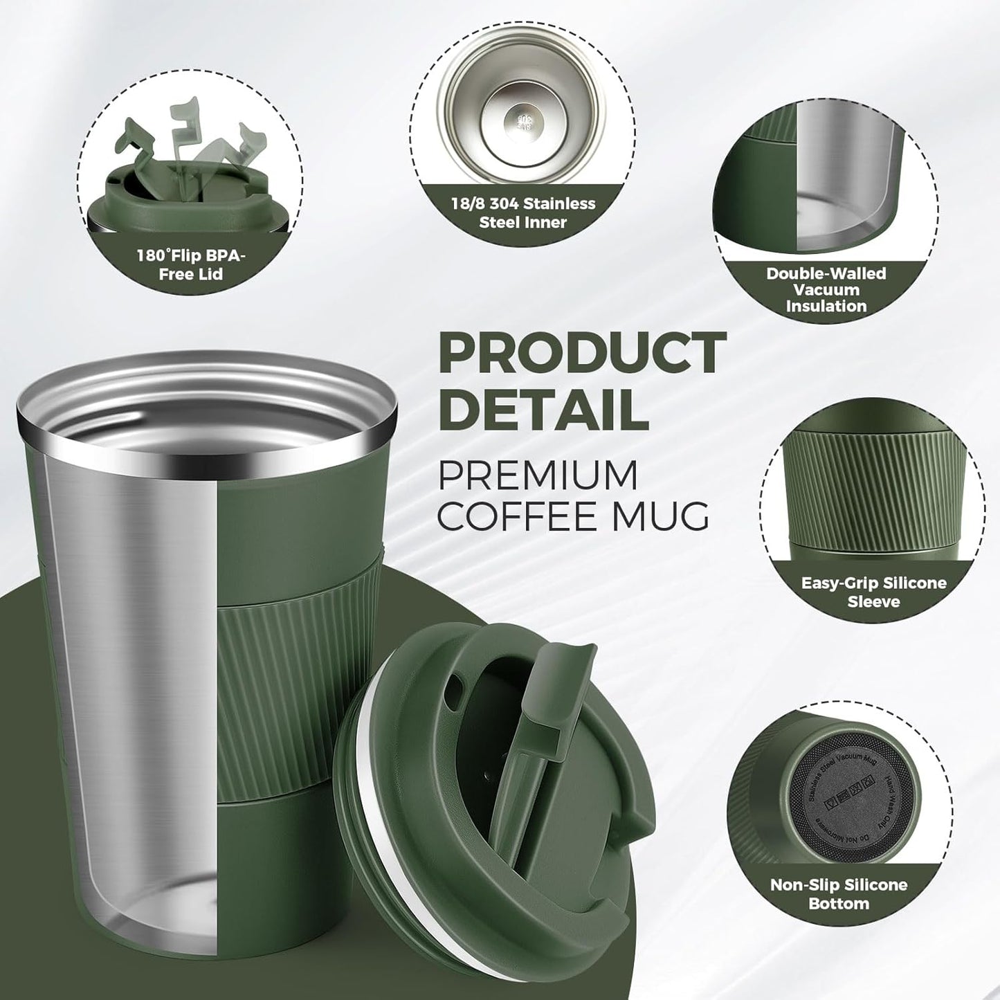 Volhoply 13 oz Stainless Steel Insulated Travel Coffee Mug with Fip Lid Bulk 8 Pack,Reusable Double Wall Vacuum Metal Coffee Cup,Portable Leak Proof Thermal Tumbler for Hot & Cold Drinks(Army Green,8)