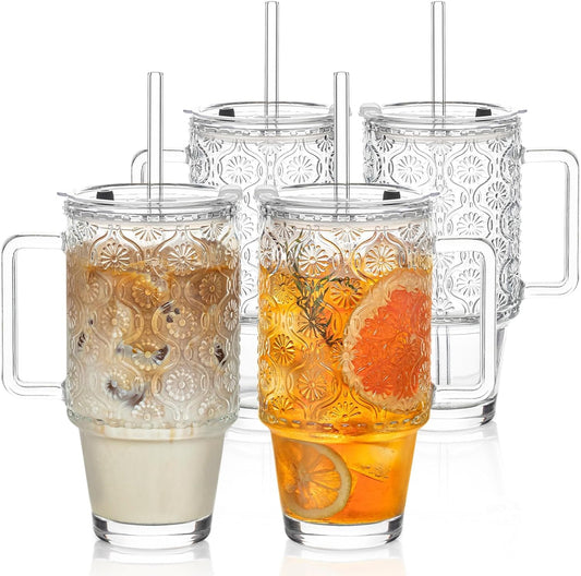 KEMORELA 4-Pack 24 Oz Glass Tumblers with Straws and Lids, Iced Coffee Cups with Begonia Floral Pattern, Smoothie Cups with Handles, Reusable Cold Drinkware, Glass Tumblers for Beverages