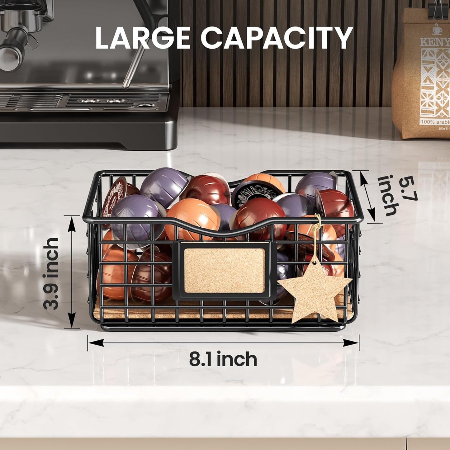 Coffee Pod Holder for Counter and Bar - Large Capacity Black Wire Storage Organizer With Cork Liner - Bar Accessories