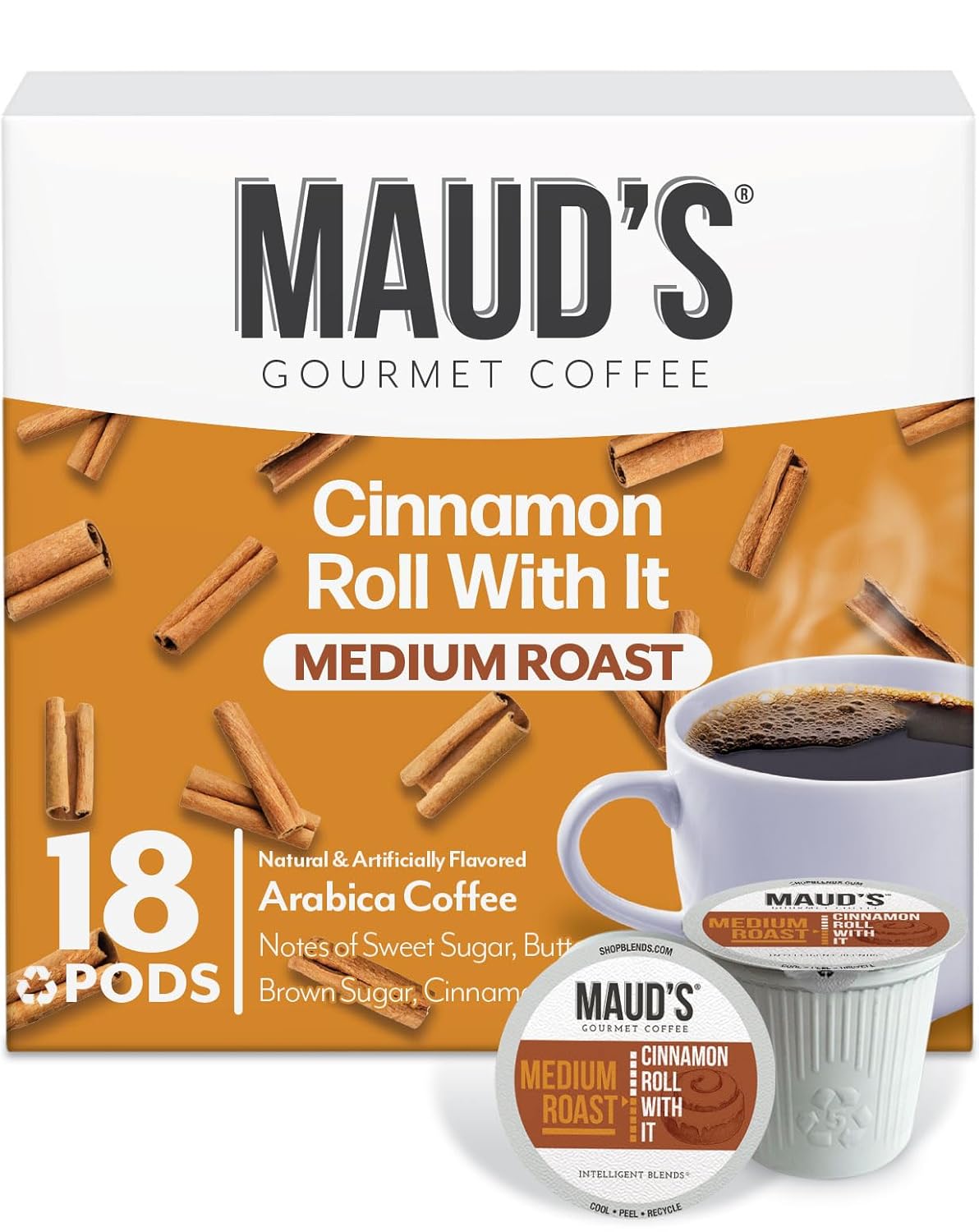 Maud's Cinnamon Roll Flavored Coffee Pods, 18 ct, Medium Roast Flavored Coffee in Recyclable Single Serve Pods – 100% Arabica Beans, Compatible with Keurig K Cups Maker