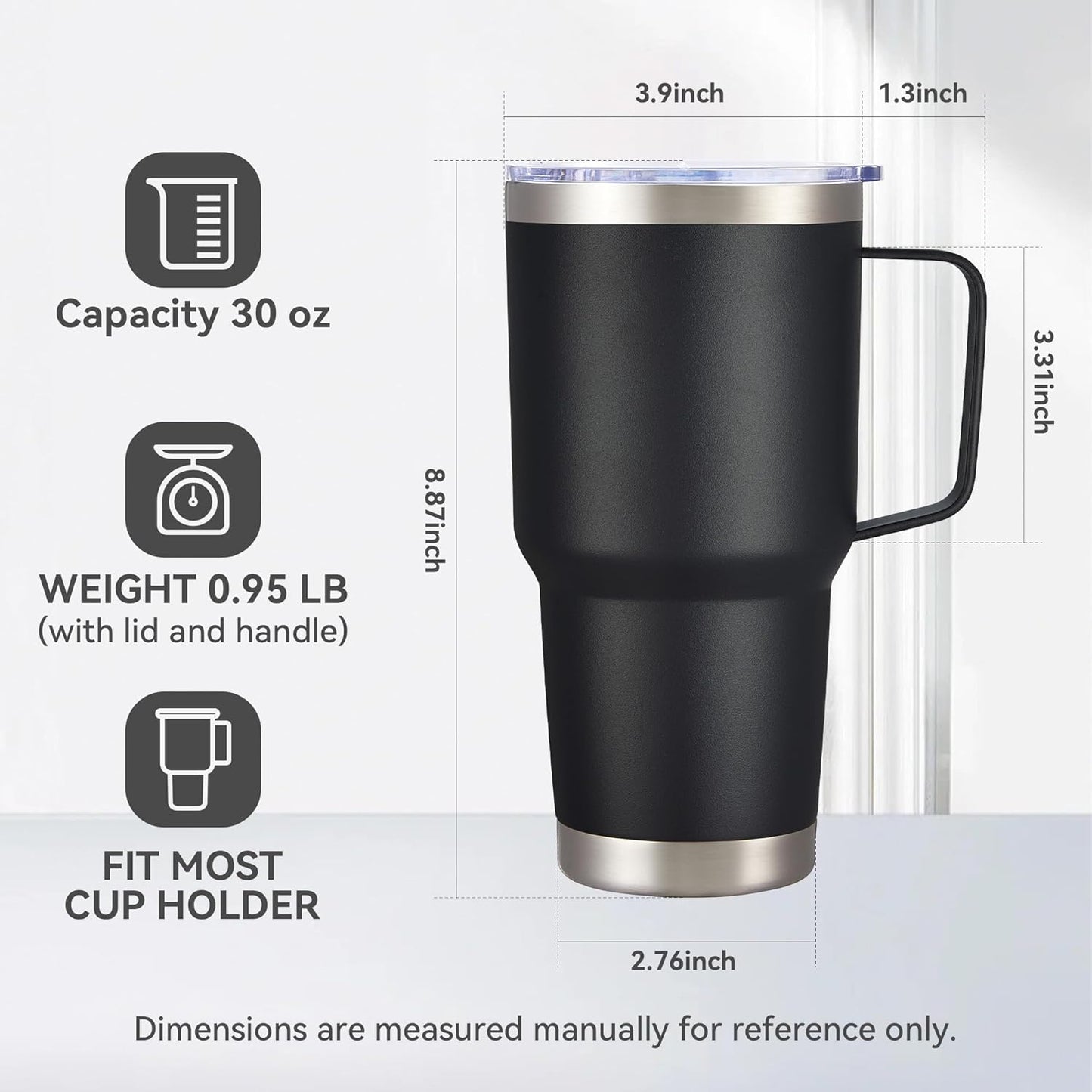 30 oz Tumbler with Handle and Lid, Stainless Steel Tumblers Bulk Double Wall Vacuum Insulated Travel Mug Leak Proof Cup Keep Drinks Cold and Hot Black, 8 Pack