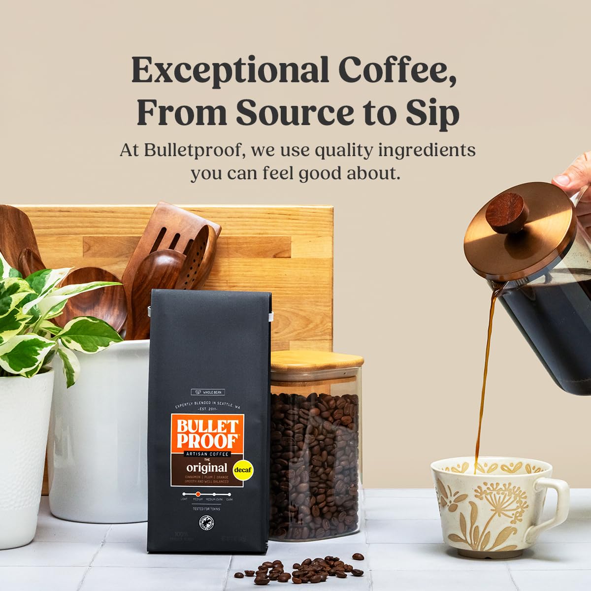 Bulletproof Original Medium Roast Whole Bean Decaf Coffee, 12 Ounces, Coffee Tested for Toxins, Packaging May Vary