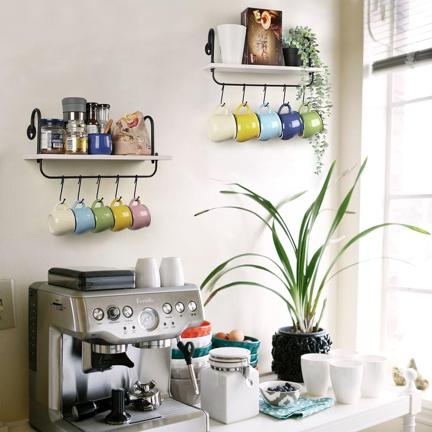 Olakee Floating Wall Shelves for Kitchen Bathroom Coffee Nook with 10 Adjustable Hooks for Mugs Cooking Utensils or Towel Rustic Storage Shelves Set of 2/17x5.9 inch (White)