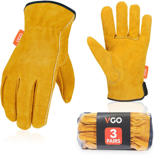 Vgo... 3-Pairs Unlined Cowhide Split Leather Work and Driver Gloves, for Heavy Duty, Truck Driving, Warehouse, Gardening, Farm (Size L, Gold, CB9501)