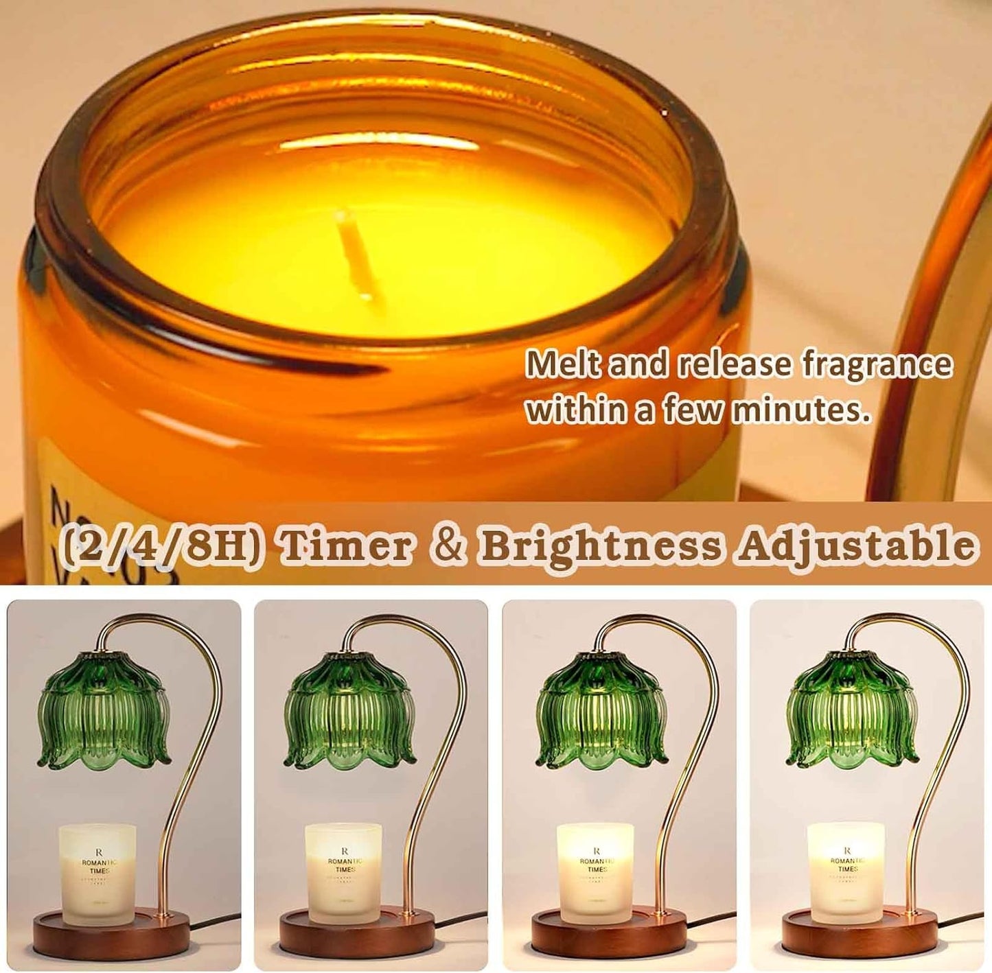 Green Candle Warmer Lamp with Timer, Christmas Gifts, Dimmable Flower Candle Lamp Warmer, Vintage Birthday Gifts for Women, Mom, Female Friend, Aromatic Candle Light for Yankee Candles