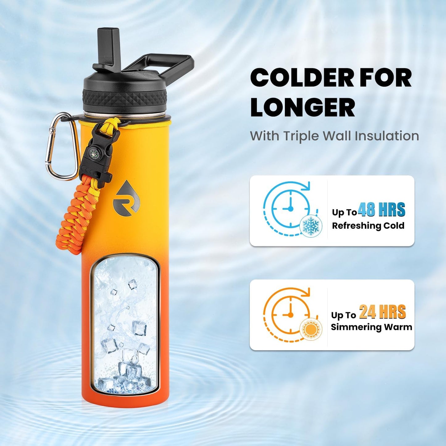 Insulated Water Bottle 24oz, Triple Wall Vacuum Stainless Steel (Cold for 48 Hrs, Hot for 24Hrs), Leak Proof & Non-BPA, 24oz Hydro Water Flask with Paracord Handle & Straw Spout Lids