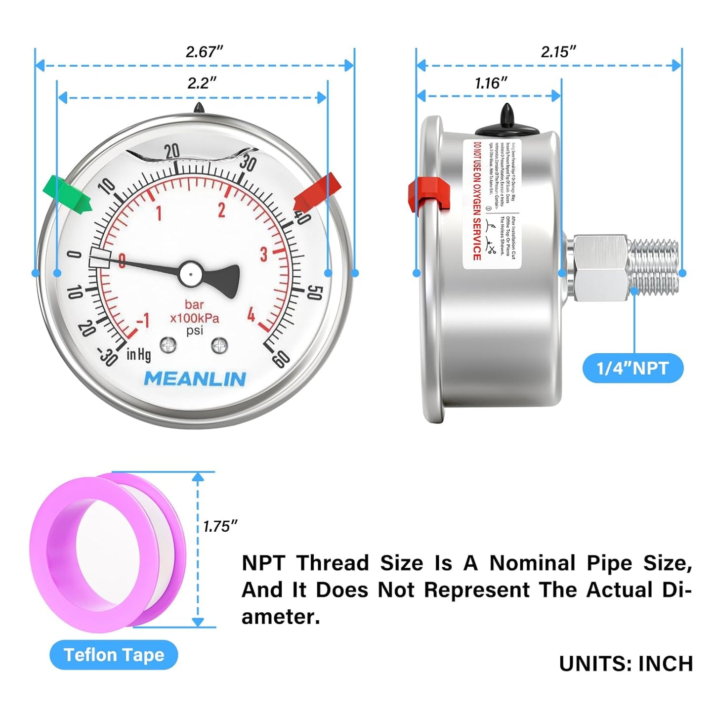 MEANLIN MEASURE -30inHG~60Psi Vacuum Pressure Gauge 316 Stainless Steel Joint 1/4" NPT 2.5" FACE DIAL, Stainless Steel Liquid Filled Pressure Gauge WOG Water Oil Air Back Mount, 2PCS Snaps