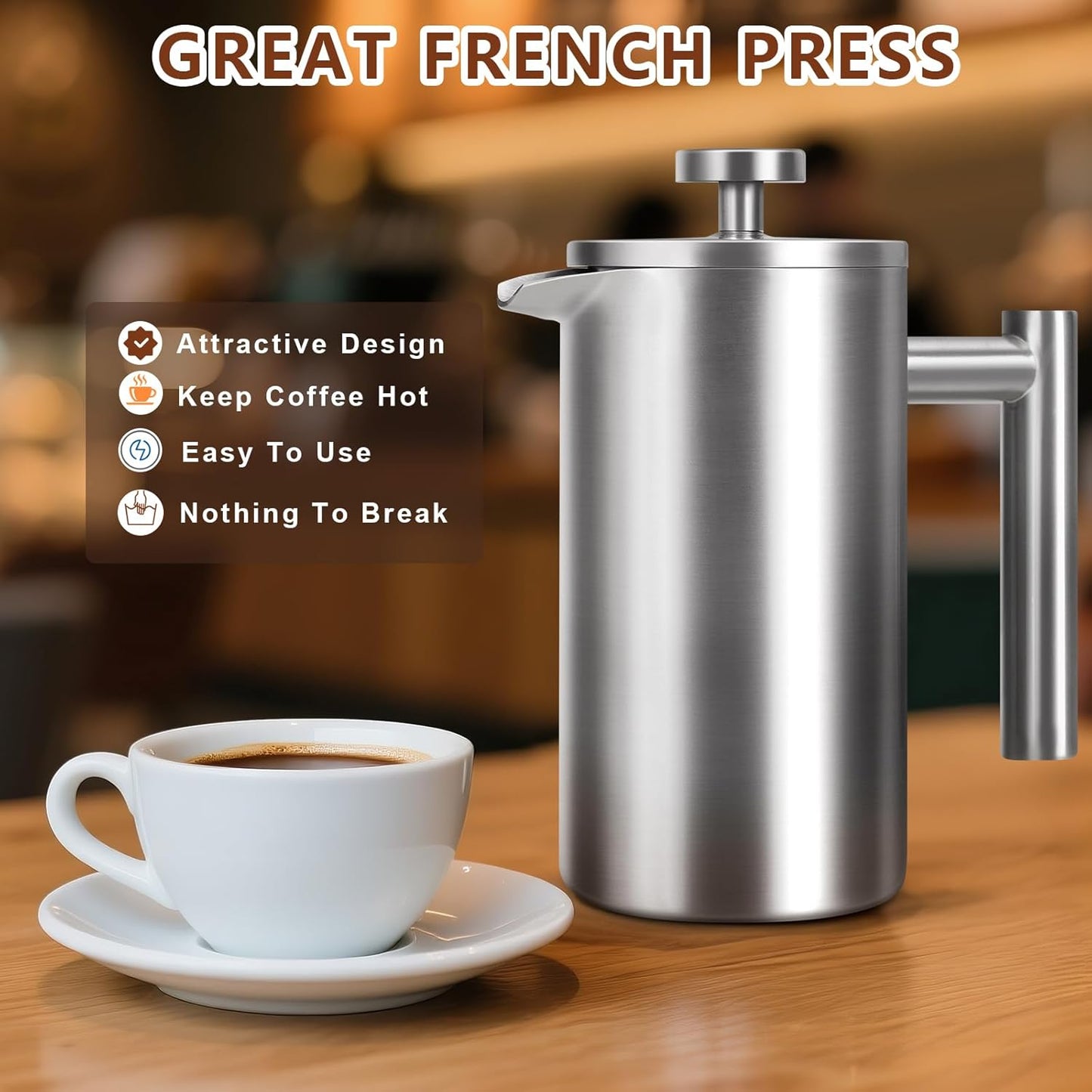 French Press 34 oz, Full Stainless Steel French Press Coffee Maker 4 Cups, Upgrated Double-Walled Insulated French Coffee Presses, Food Grade Good for Kitchen Camping, Dishwasher Safe 2 More Filters
