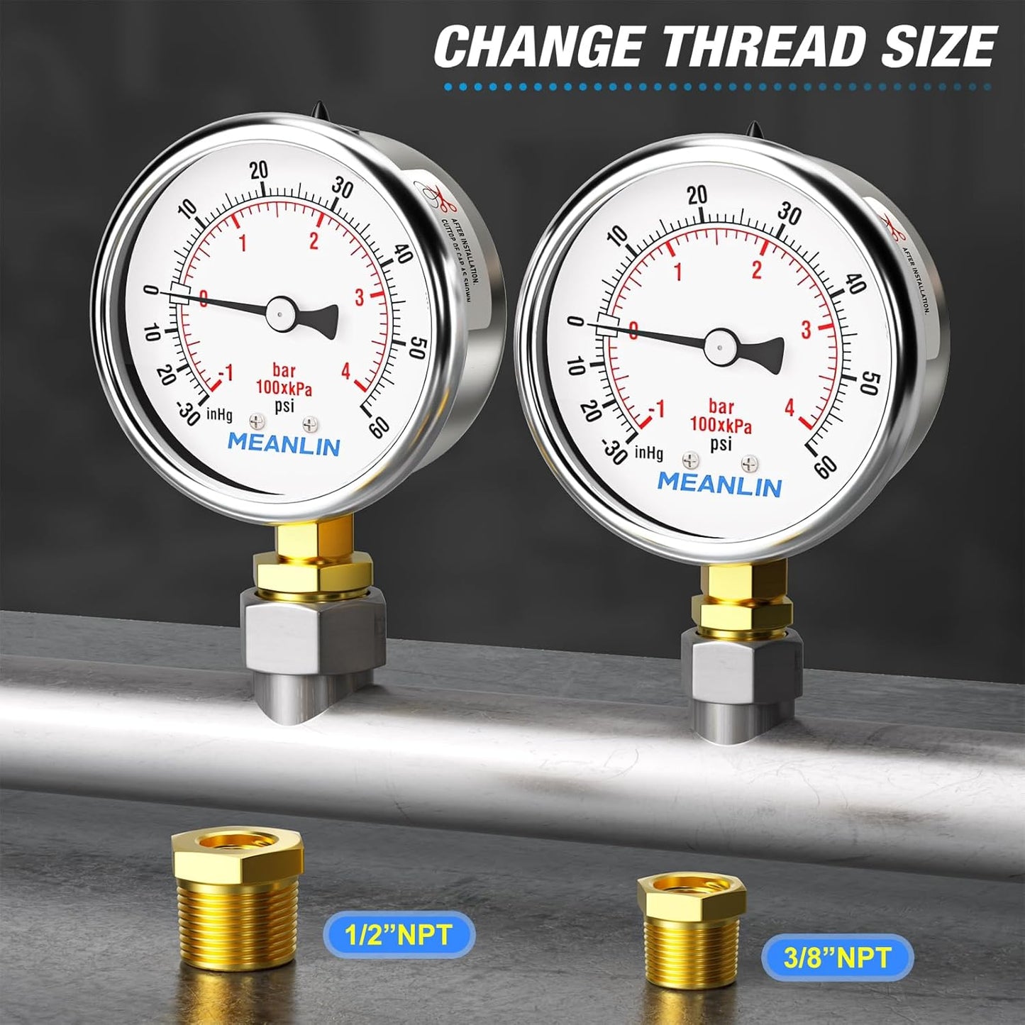 MEANLIN MEASURE -30inHG~60Psi Vacuum Gauge Stainless Steel 1/4" NPT 2" FACE DIAL Waterproof for Air Compressor HVAC Negative Pressure Hand Pump Pool Lower Mount, with 1/2" NPT and 3/8" NPT Hex Bushing