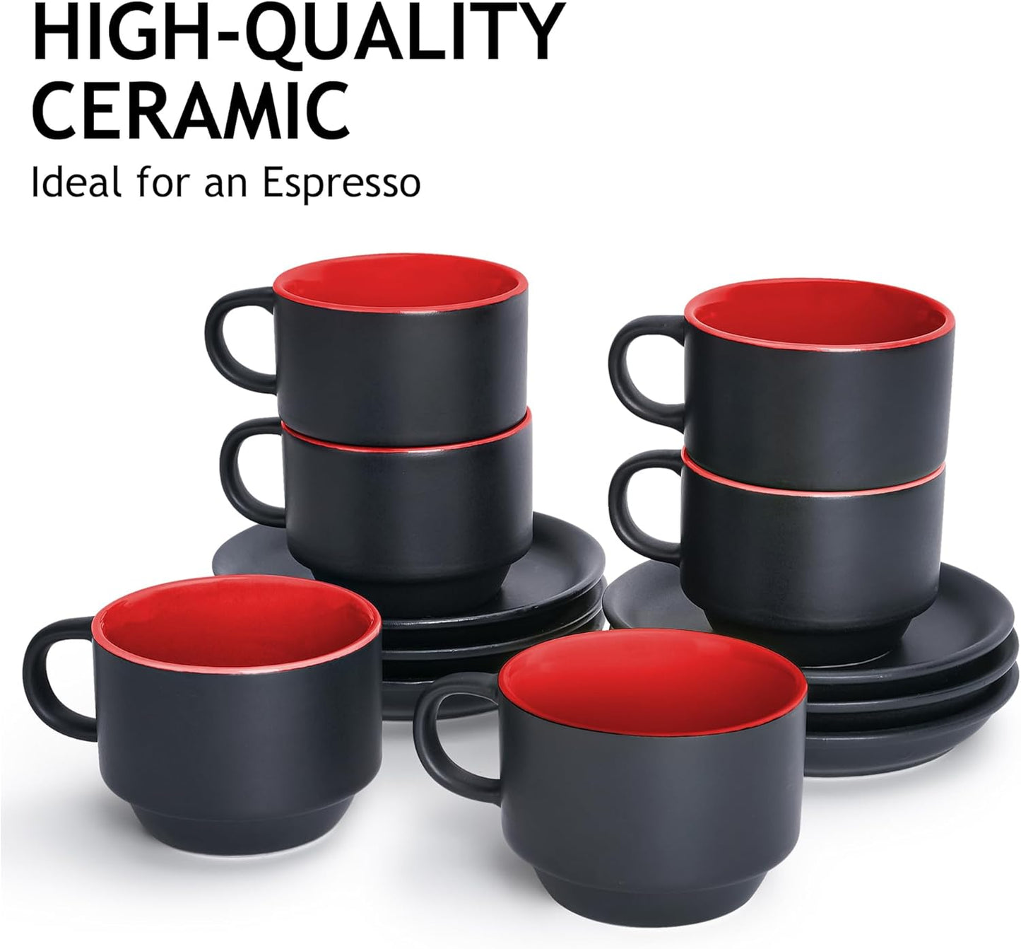 MIAMIO - 2.5 oz Espresso Cup Set with Saucers Coffee Mug Set of 6 - Ceramic Coffee Mug Stackable Espresso Mug with Stand for Coffee Drinks, Latte, Cafe Mocha - Le Papillon Collection (Red)