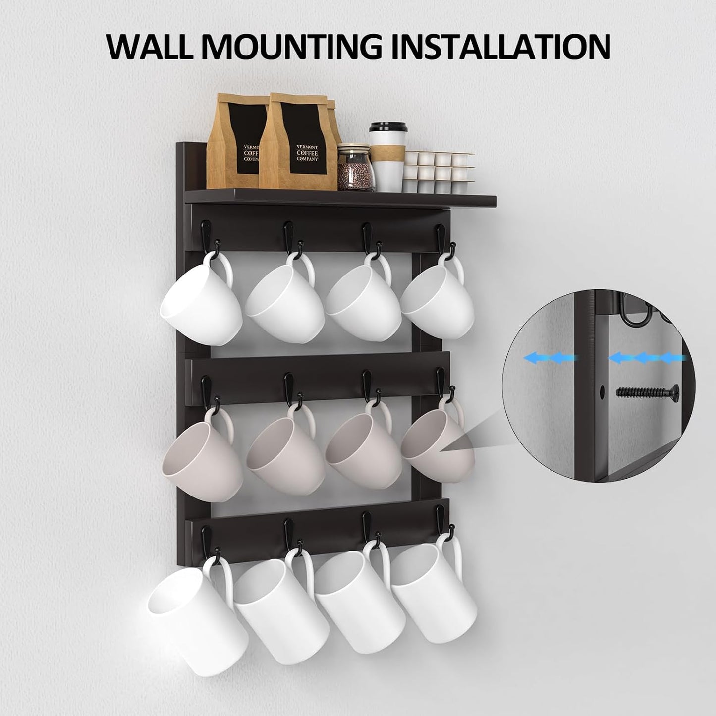 Mug Rack Wall Mounted, Coffee Cup Holder, Bamboo Mug Shelf with 12 Hooks for Home Kitchen Display and Collection