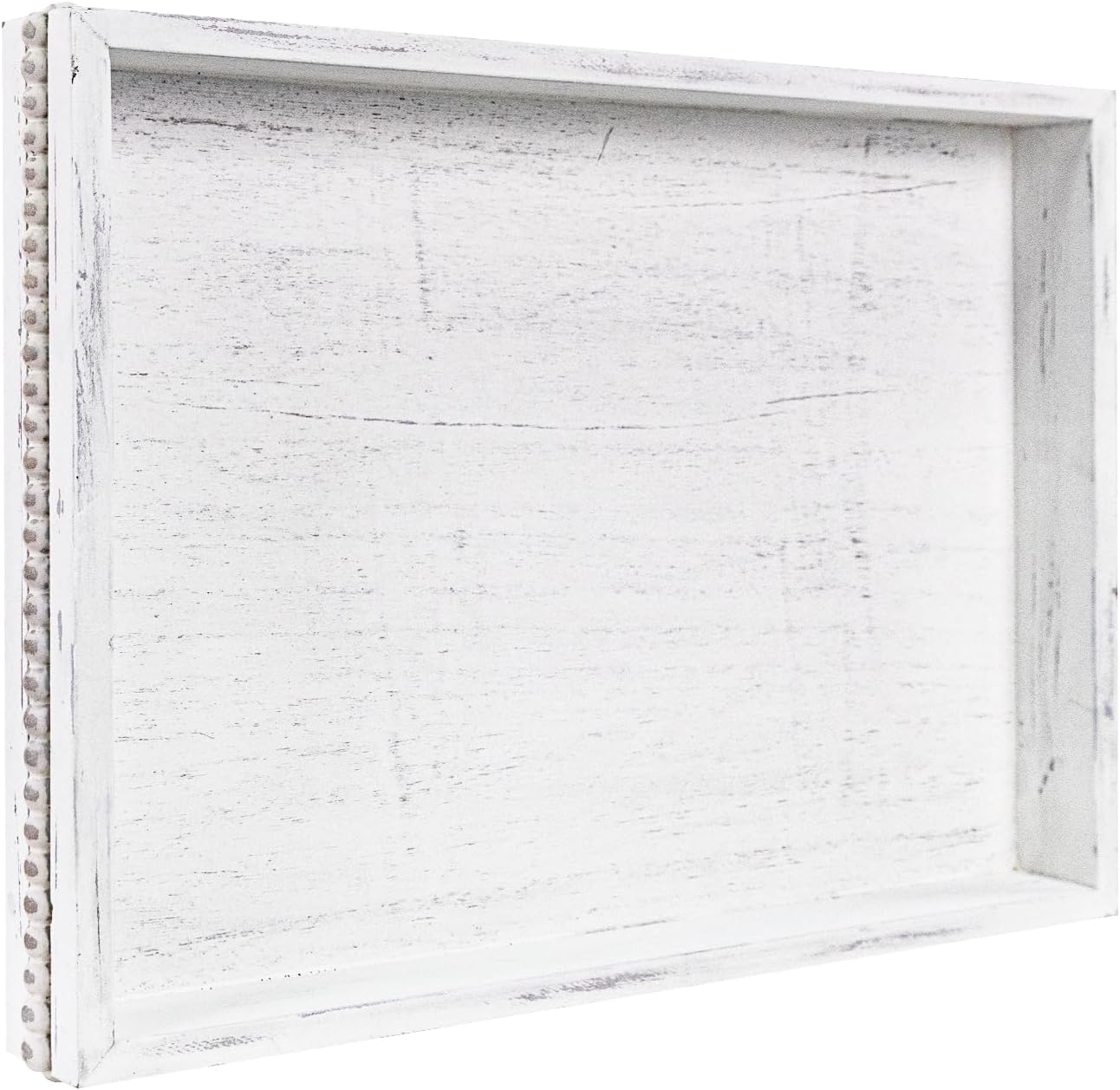 Wooden Decorative Tray, Rectangular Serving Tray with Wood Bead, Farmhouse Big Tray for Ottoman, Countertop, Coffee Tabl, 16.5" x 13"x 1.6" (Retro White)