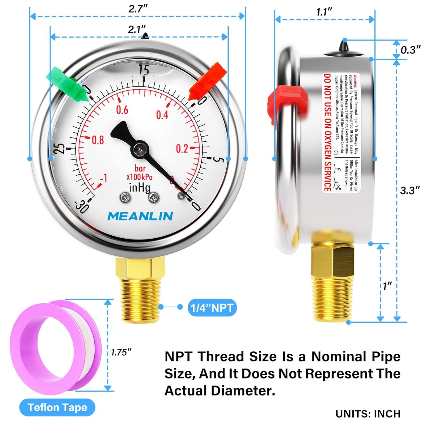 MEANLIN MEASURE -30inHG~0Psi Vacuum Pressure Gauge 1/4" NPT 2.5" FACE DIAL, Stainless Steel Liquid Filled Pressure Gauge WOG Water Oil Air Lower Mount (with 2PCS Snaps)