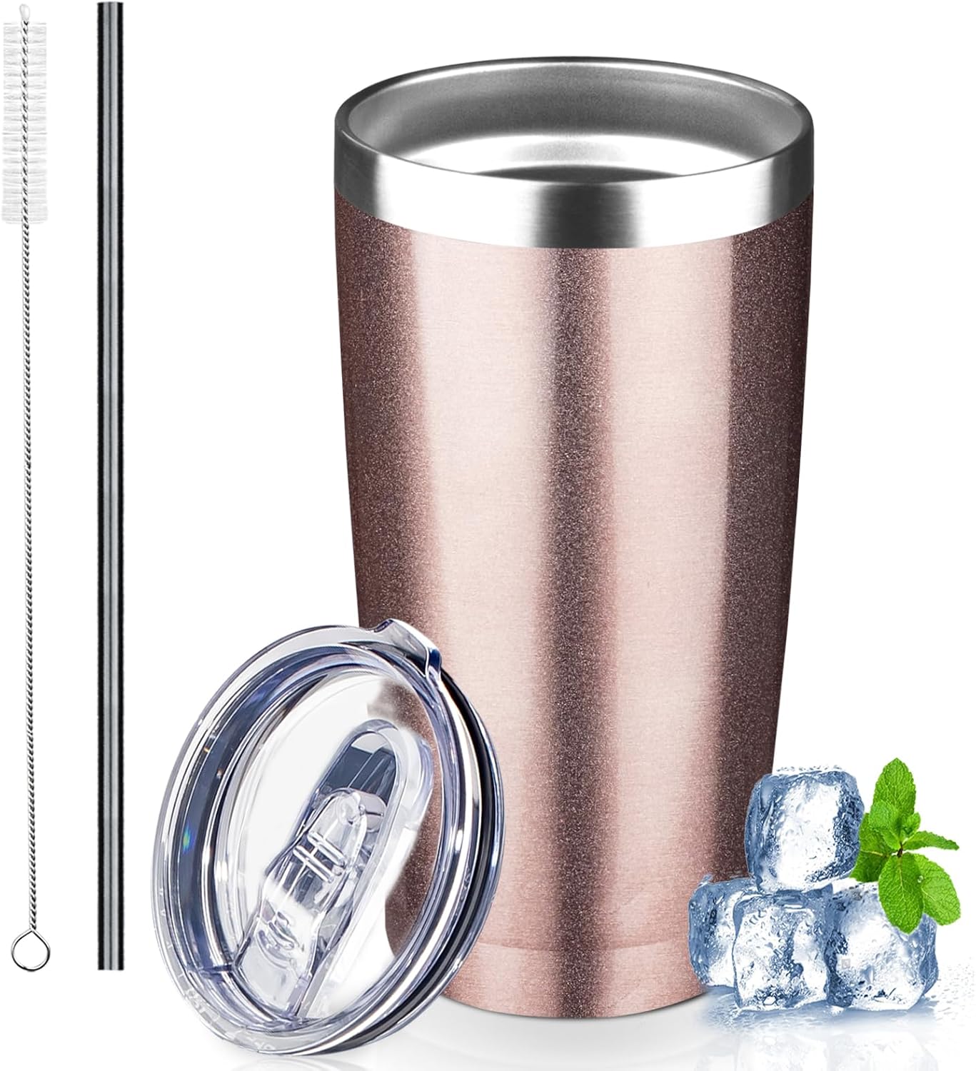 20 oz Tumbler with Lids and Straws, Stainless Steel Insulated Coffee Tumbler, Double Wall Vacuum Insulated Travel Mug Cup, Leakproof Thermal Coffee Cup for Hot and Cold Drinks (Rose Gold)