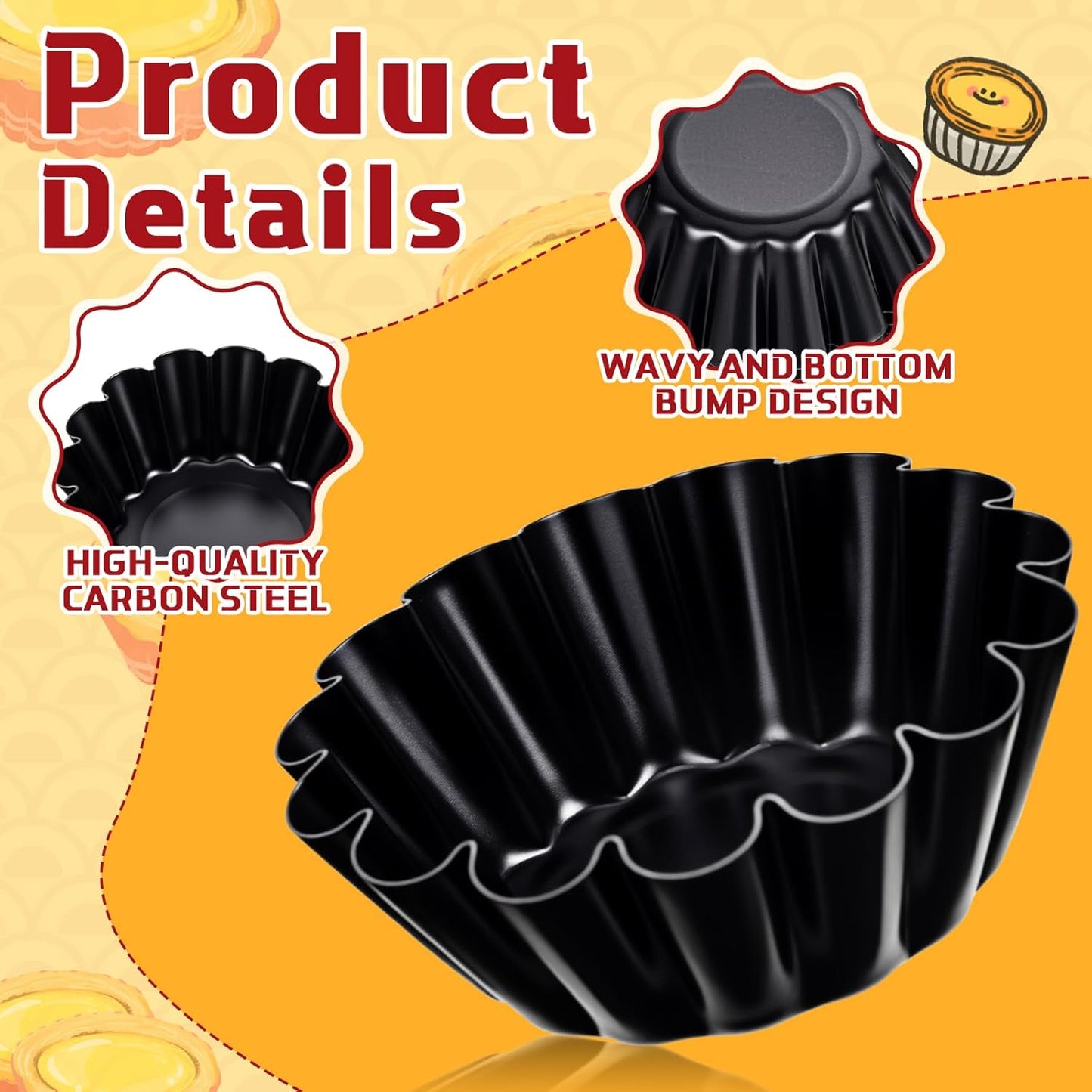 LemonRoad 16 Pcs Egg Tart Molds, Non-stick Carbon Steel Tart Pans, Mini Pie Moulds, Muffin Cupcake Pudding Baking Cup Maker - for Pies, Chinese Egg Tarts, Cakes(3 Inch)