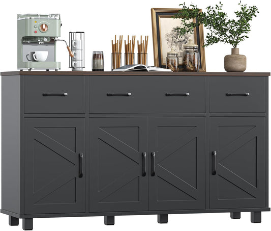 55" Sideboard Buffet Cabinet with Storage, Coffee Bar Cabinet with 3 Drawers and 4 Barn Doors, Long Storage Cabinet Modern Farmhouse, Black Wood, for Kitchen, Dining Room, Living Room