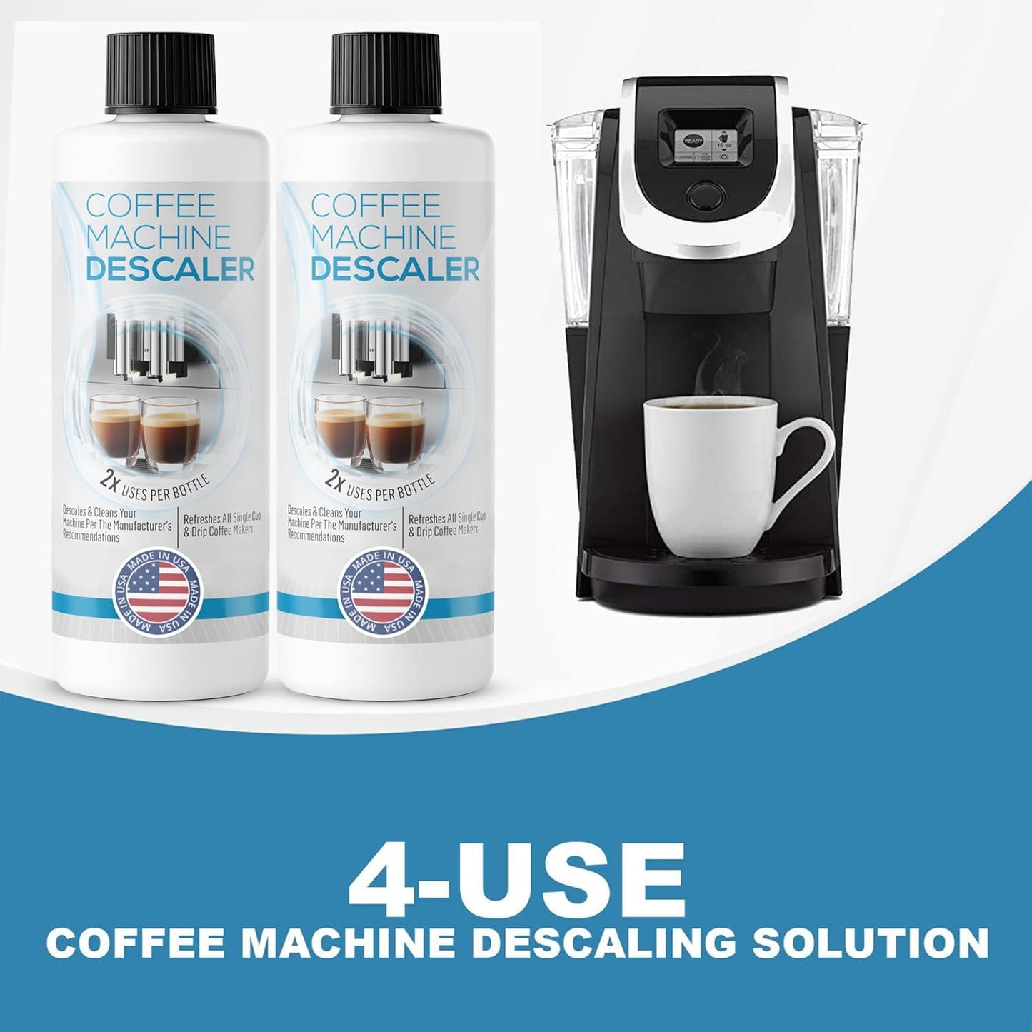 Descaling Solution for Coffee & Espresso Machines - 2 Bottle Pack (4 Uses) - Universally Compatible Descaler Cleaner for Keurig, Breville, Nespresso, Delonghi & All Single Use or Drip Machines