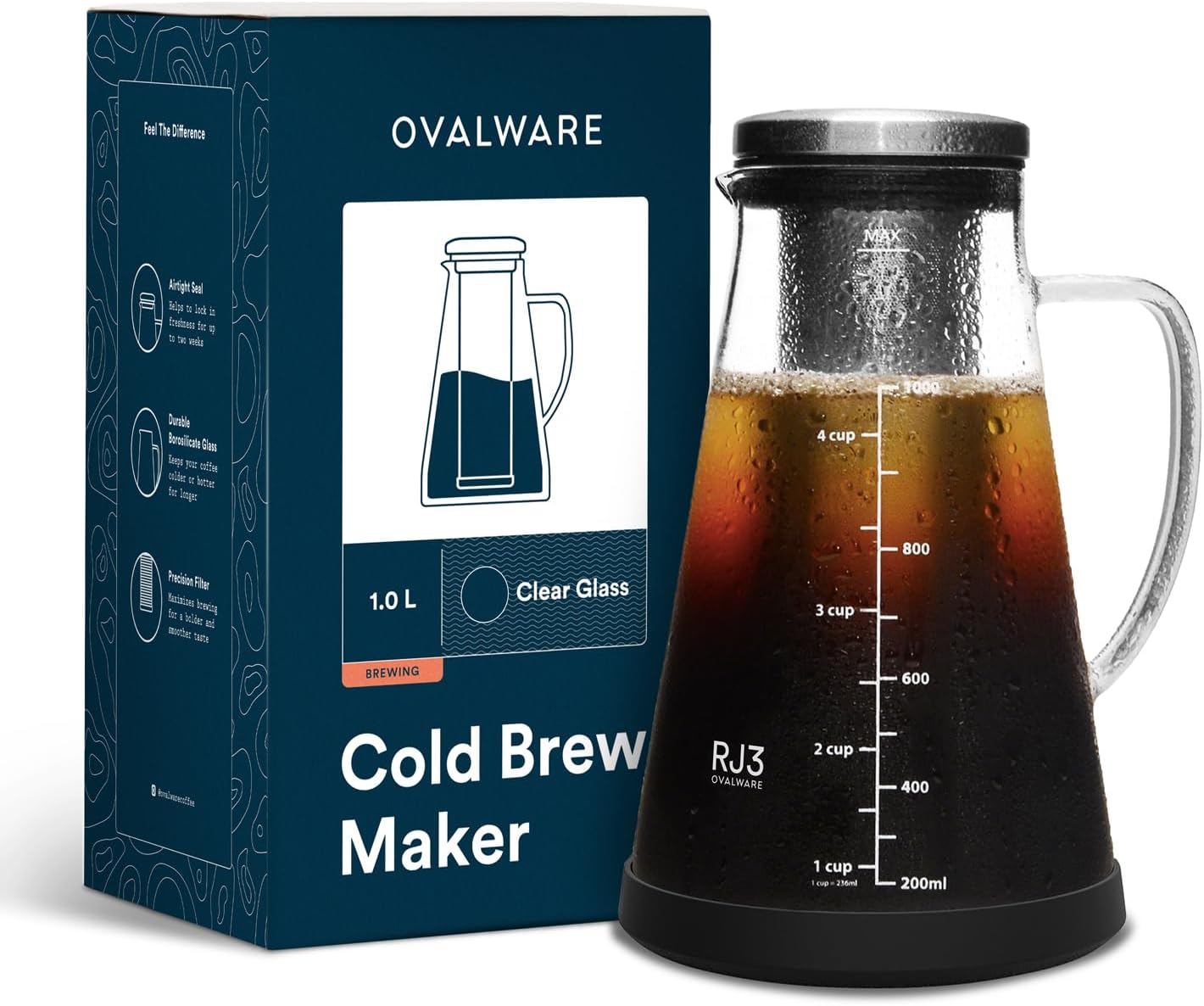 OVALWARE Airtight Cold Brew Iced Coffee Maker Pitcher and Tea Infuser with Spout - 1.0L / 34oz Ovalware RJ3 Brewing Glass Carafe with Removable Stainless Steel Filter