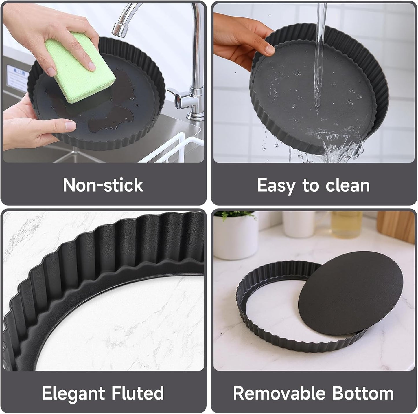 Tart Pan Removable Bottom - 9 Inch Non-Stick Carbon Steel Pie Pan for Baking Tarts, Pies, Quiches, Brownies, Quiche Baking Dish with Fluted Edges, Fruit Tart Mold