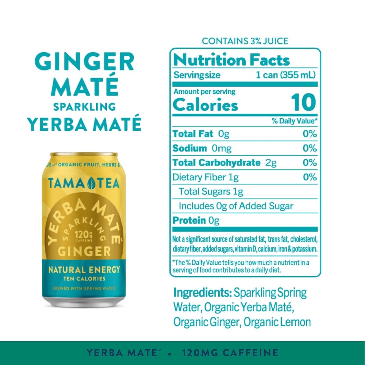 Sparkling Ginger Yerba Mate by Tama Tea - Unsweetened Natural Energy Drink with Real Fruit & Herbs - Healthy Caffeine Drink Alternative - 120mg of Brain-Boosting Caffeine, 10 Calories - 12oz Pack of 12
