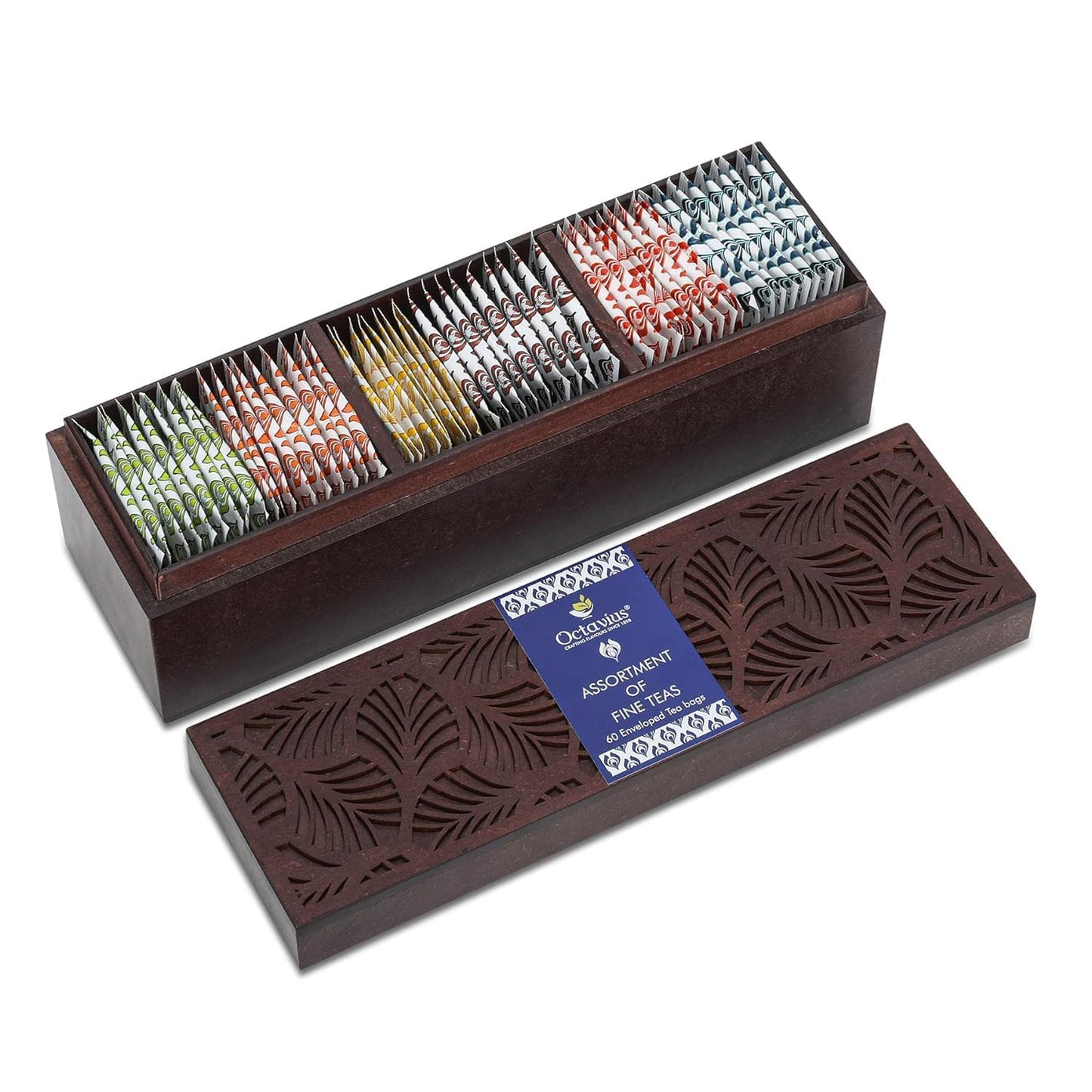 Octavius Gift's Select - Assorted Tea in Leafcut Design Wooden Box | 6 Flavors, 60 Tea Bags | Black & Green | Premium Tea Gifts for Women & Men | Pack of 1